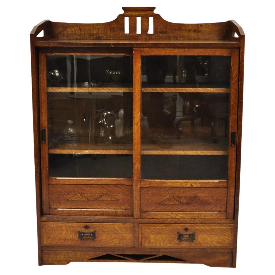 Antikes Mission Eichenholz Arts & Crafts Kleines Bücherregal Curio mit Schubladen und Schubladenschrank