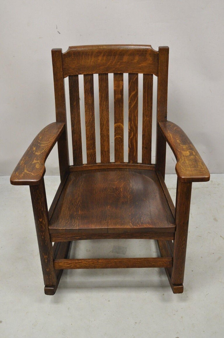 Antique Mission Oak Arts & Crafts Stickley Style Rocker Rocking Chair For Sale 7