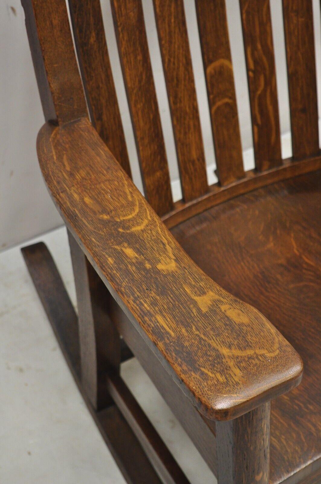 Antique Mission Oak Arts & Crafts Stickley Style Rocker Rocking Chair In Good Condition In Philadelphia, PA