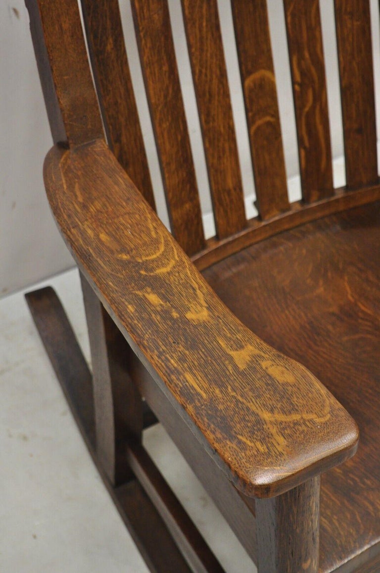 Antique Mission Oak Arts & Crafts Stickley Style Rocker Rocking Chair For Sale 2