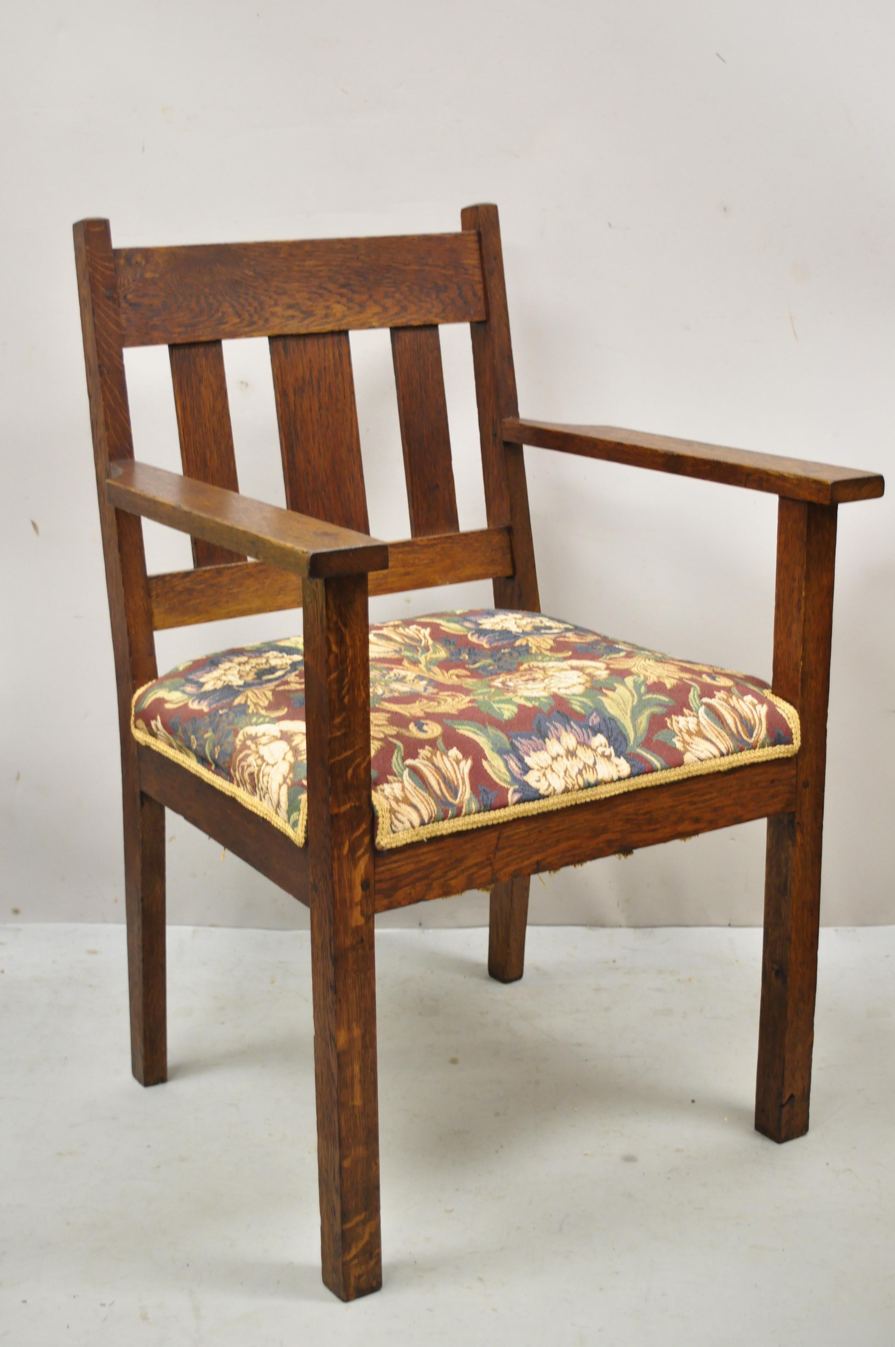 Antique Mission Oak Arts & Crafts Stickley Style Slat Back Arm Chair For Sale 3