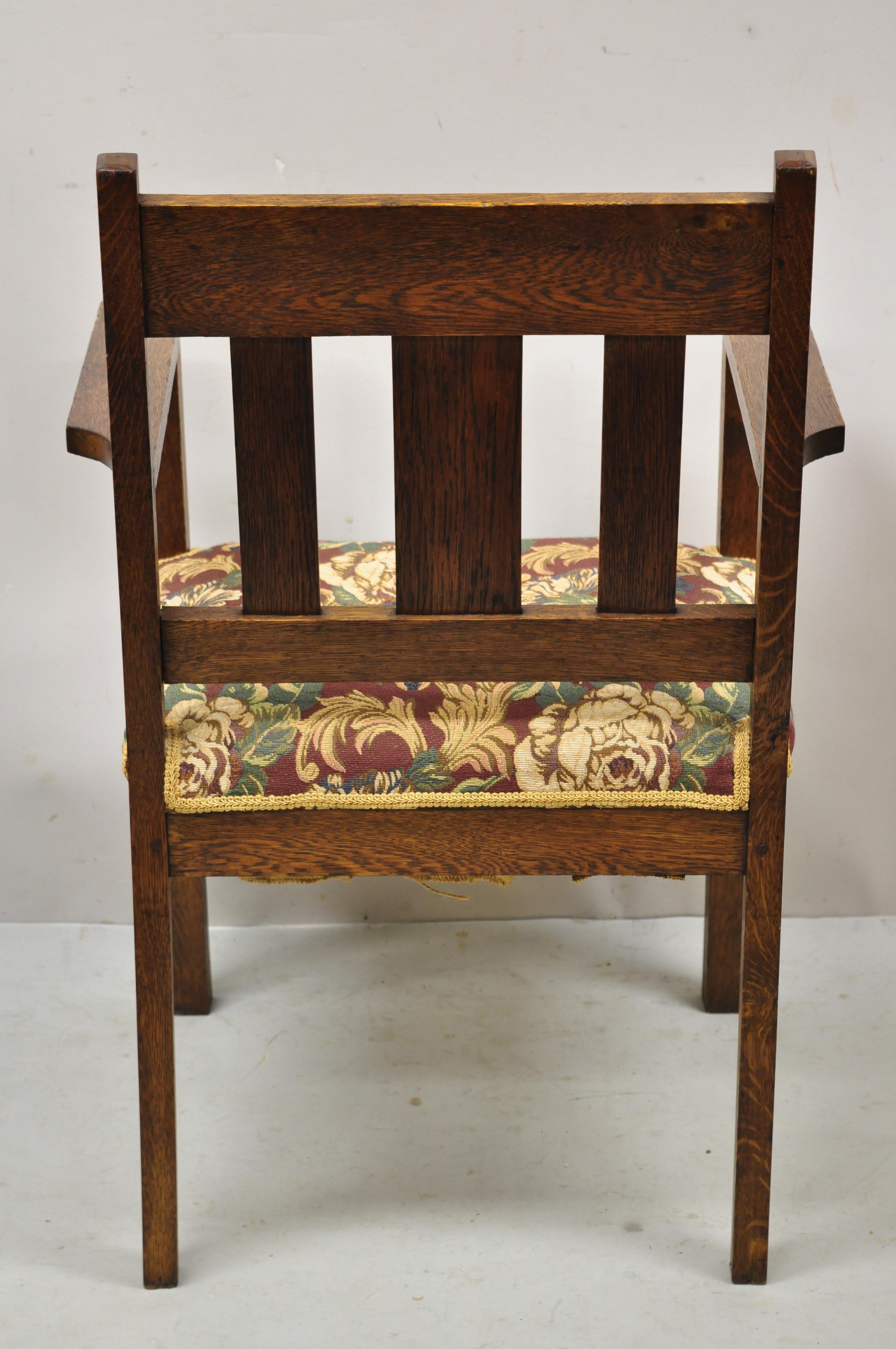 Antique Mission Oak Arts & Crafts Stickley Style Slat Back Arm Chair For Sale 1