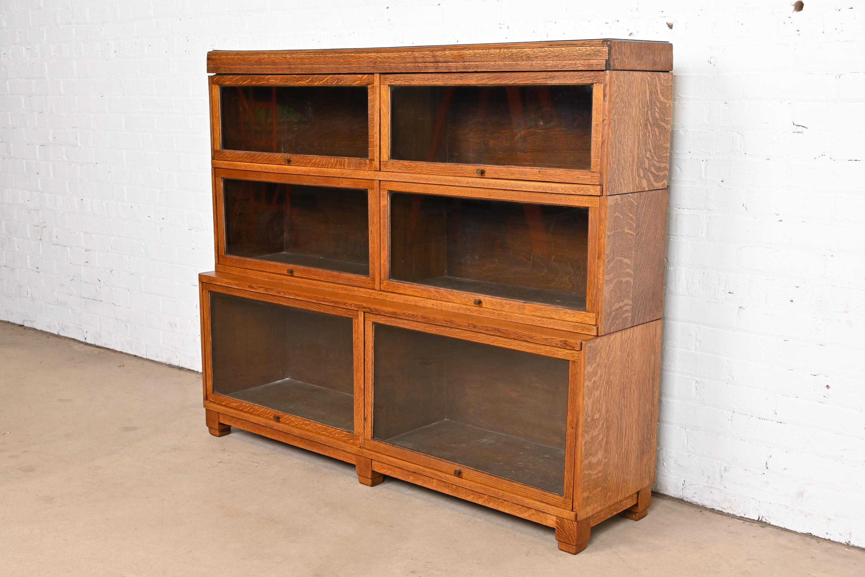 American Antique Mission Oak Arts & Crafts Three-Stack Double Barrister Bookcase