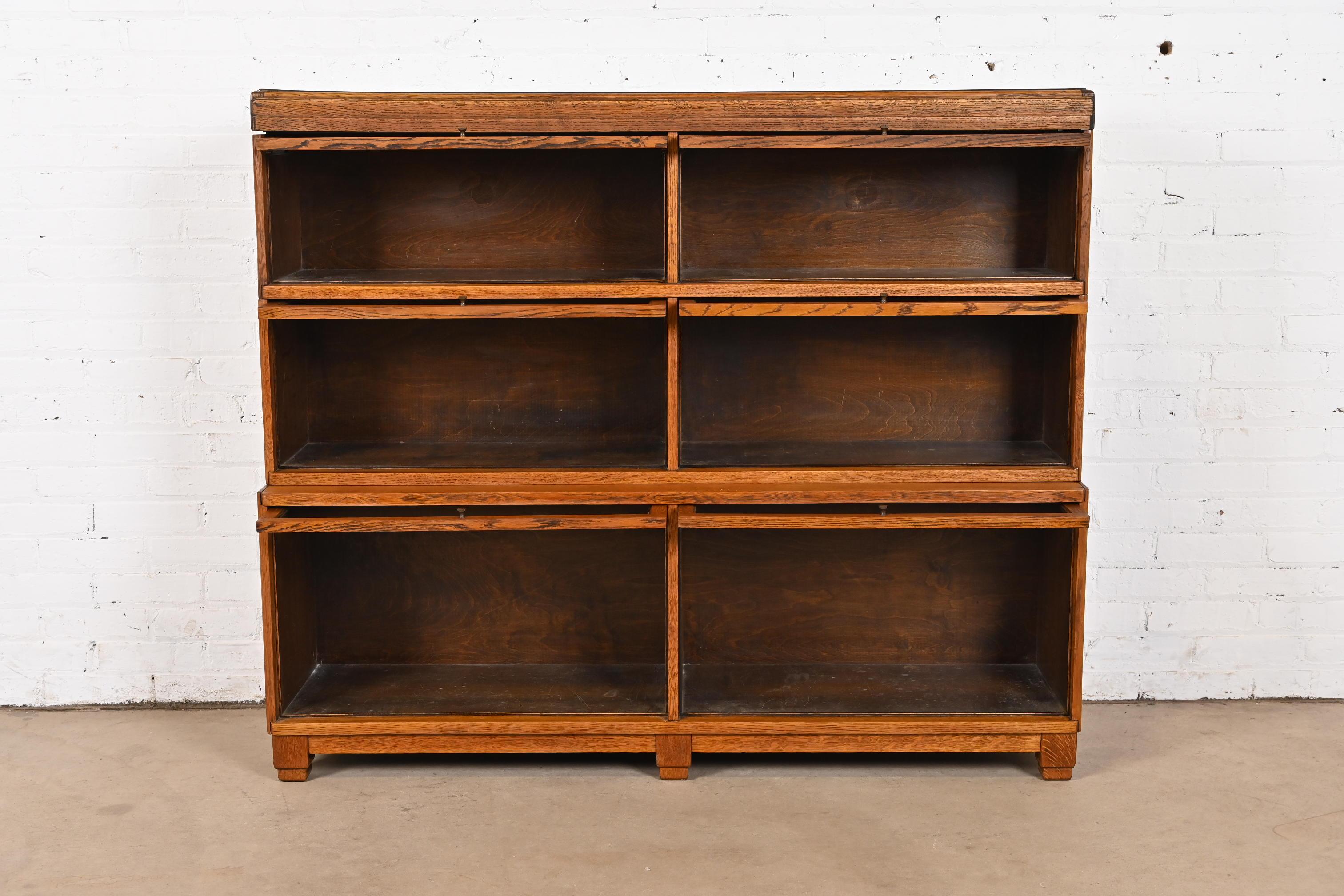 Early 20th Century Antique Mission Oak Arts & Crafts Three-Stack Double Barrister Bookcase
