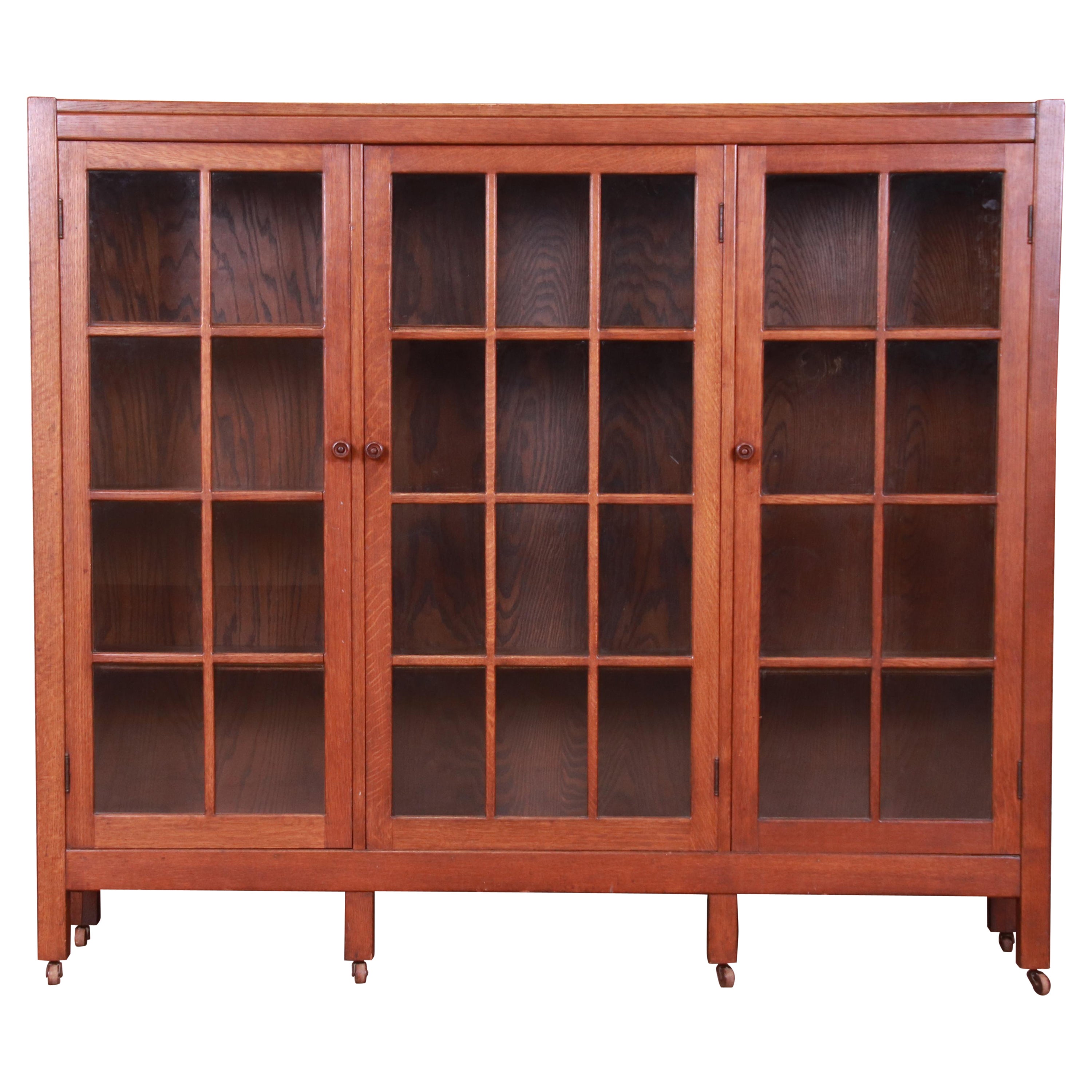 Antique Mission Oak Arts 
Crafts Triple Bookcase, Circa 1900