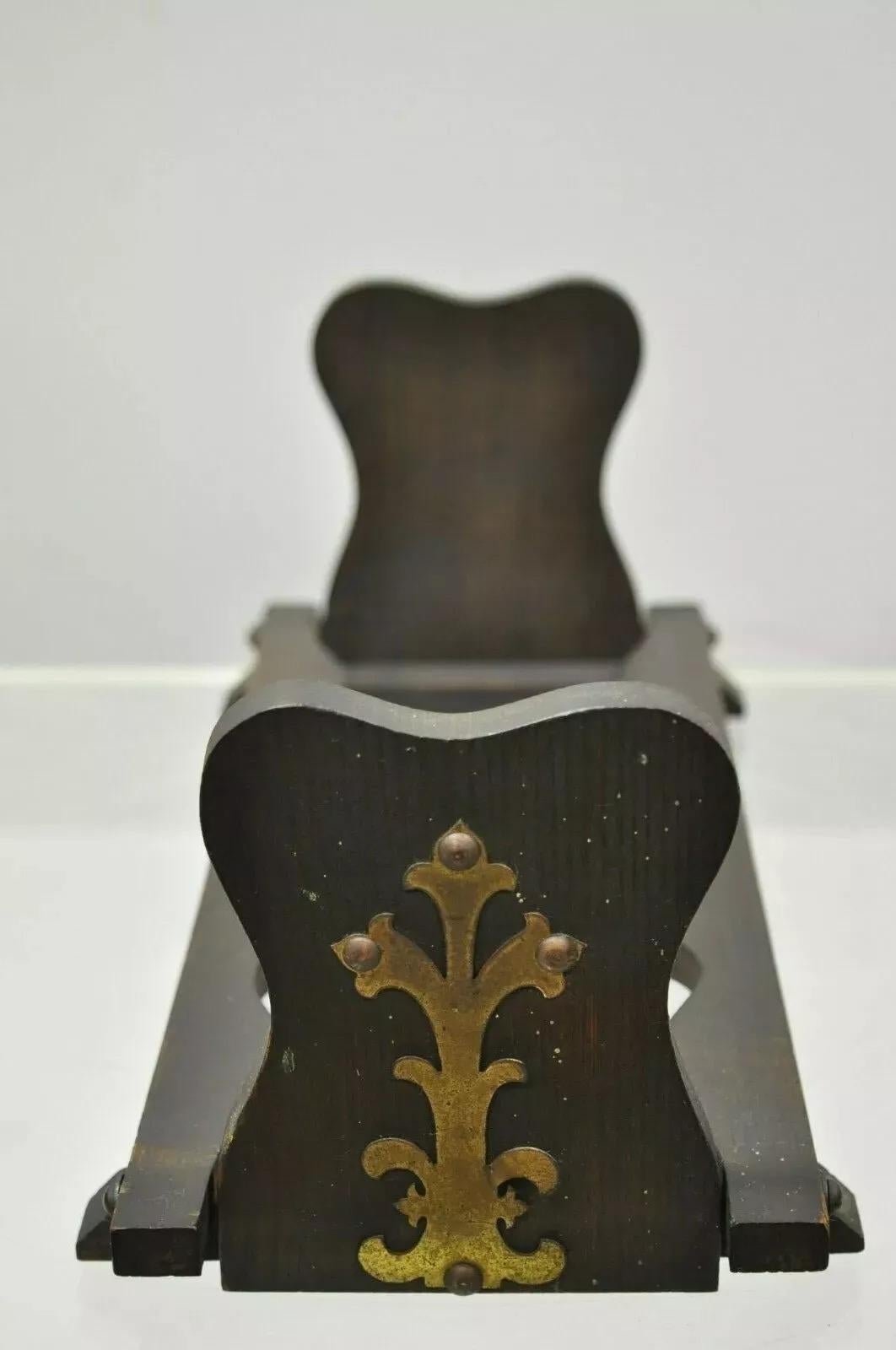 20th Century Antique Mission Oak & Brass Arts & Crafts Folding Bookends Book Holder Stand For Sale