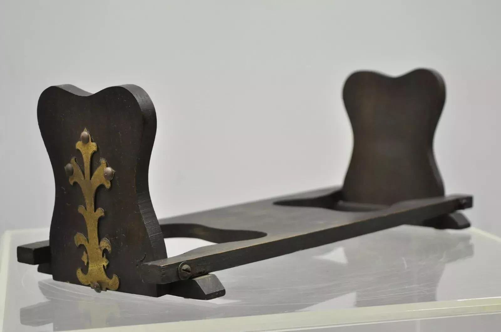 Antique Mission Oak & Brass Arts & Crafts Folding Bookends Book Holder Stand For Sale 3