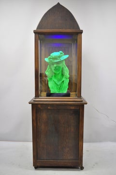 Antique Mission Oak Gothic Glass Arch Top Display Cabinet Curio Cupboard