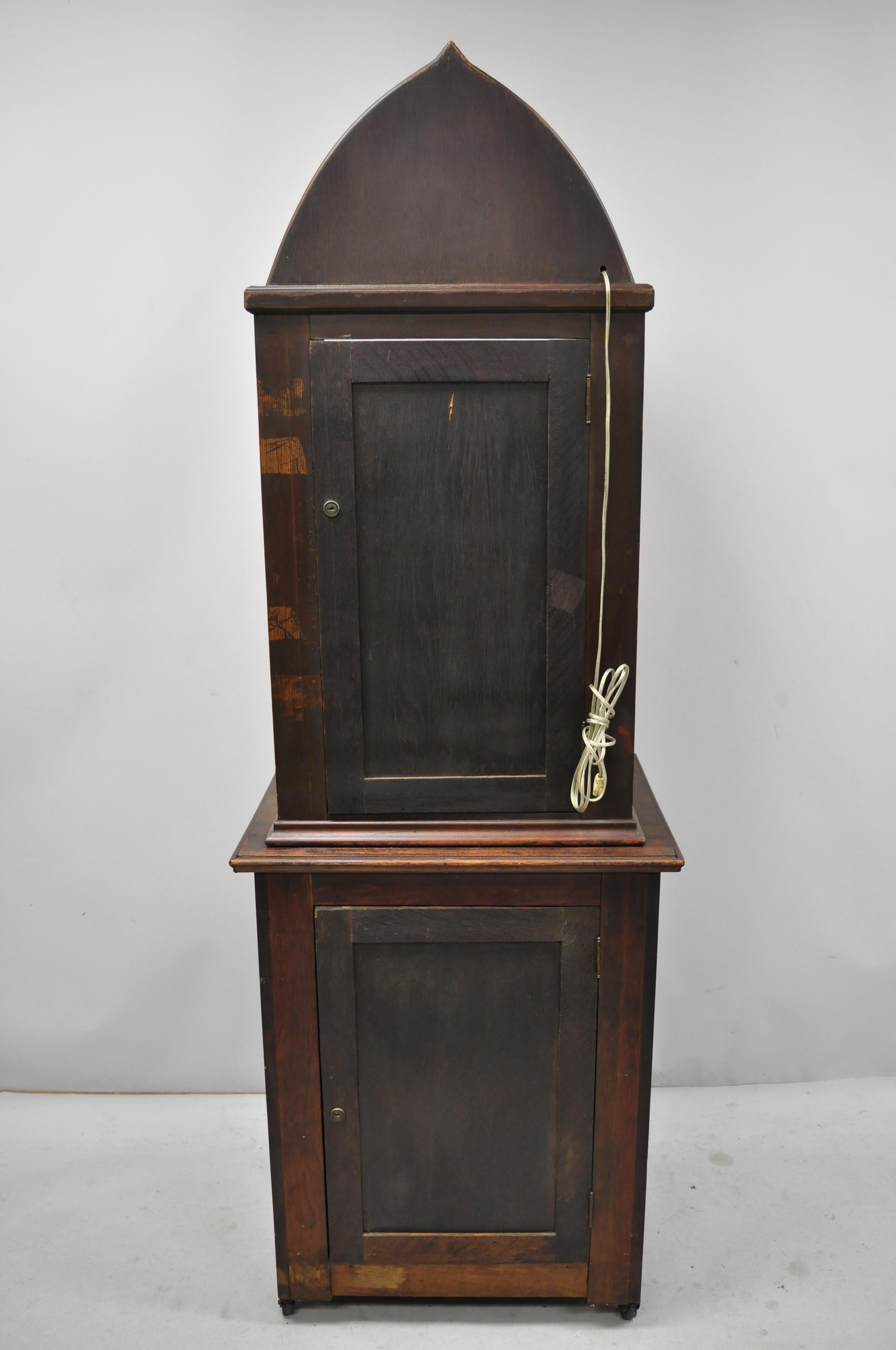 Antique Mission Oak Gothic Glass Arch Top Display Cabinet Curio Cupboard 1