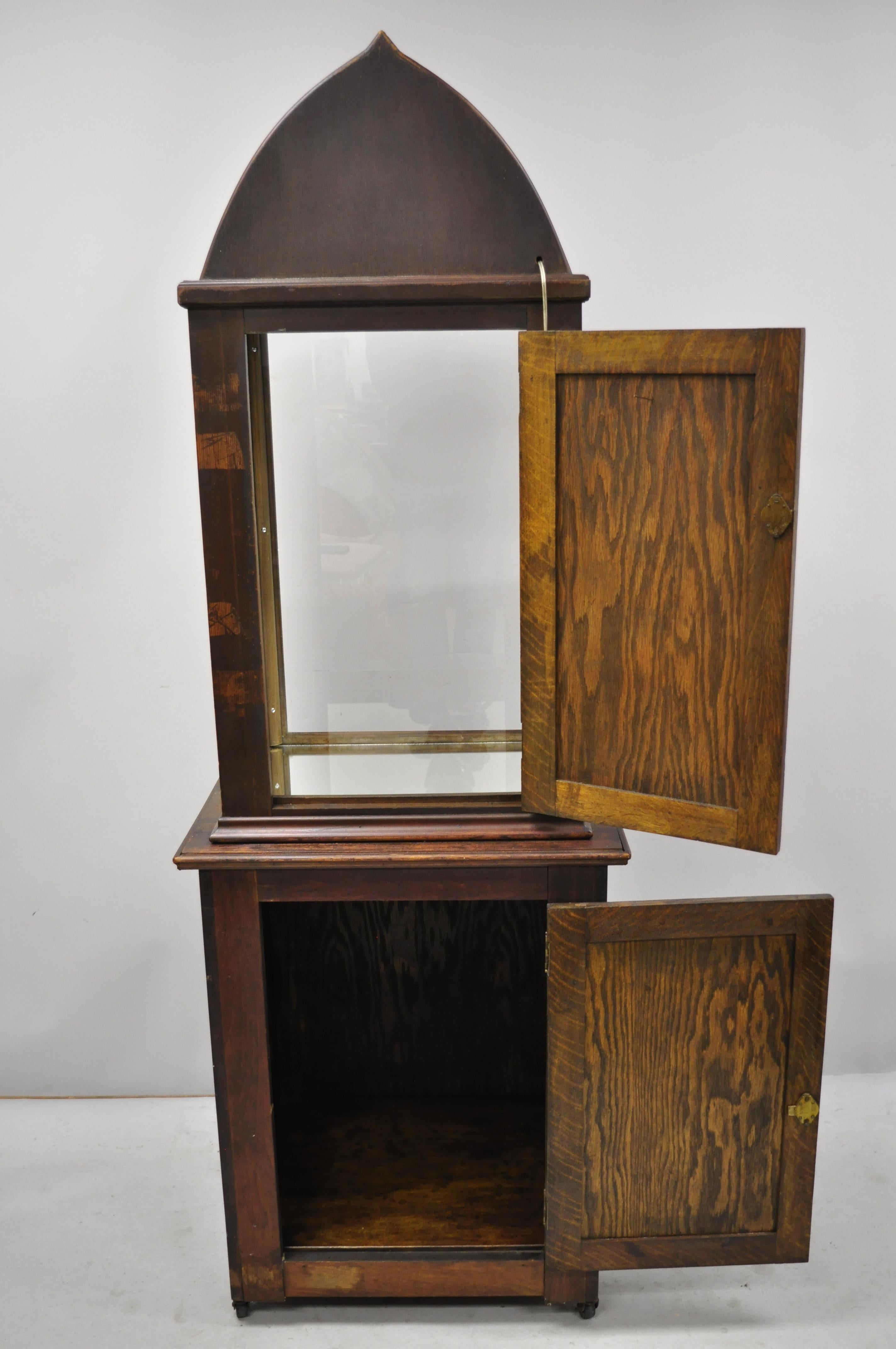 Antique Mission Oak Gothic Glass Arch Top Display Cabinet Curio Cupboard 4