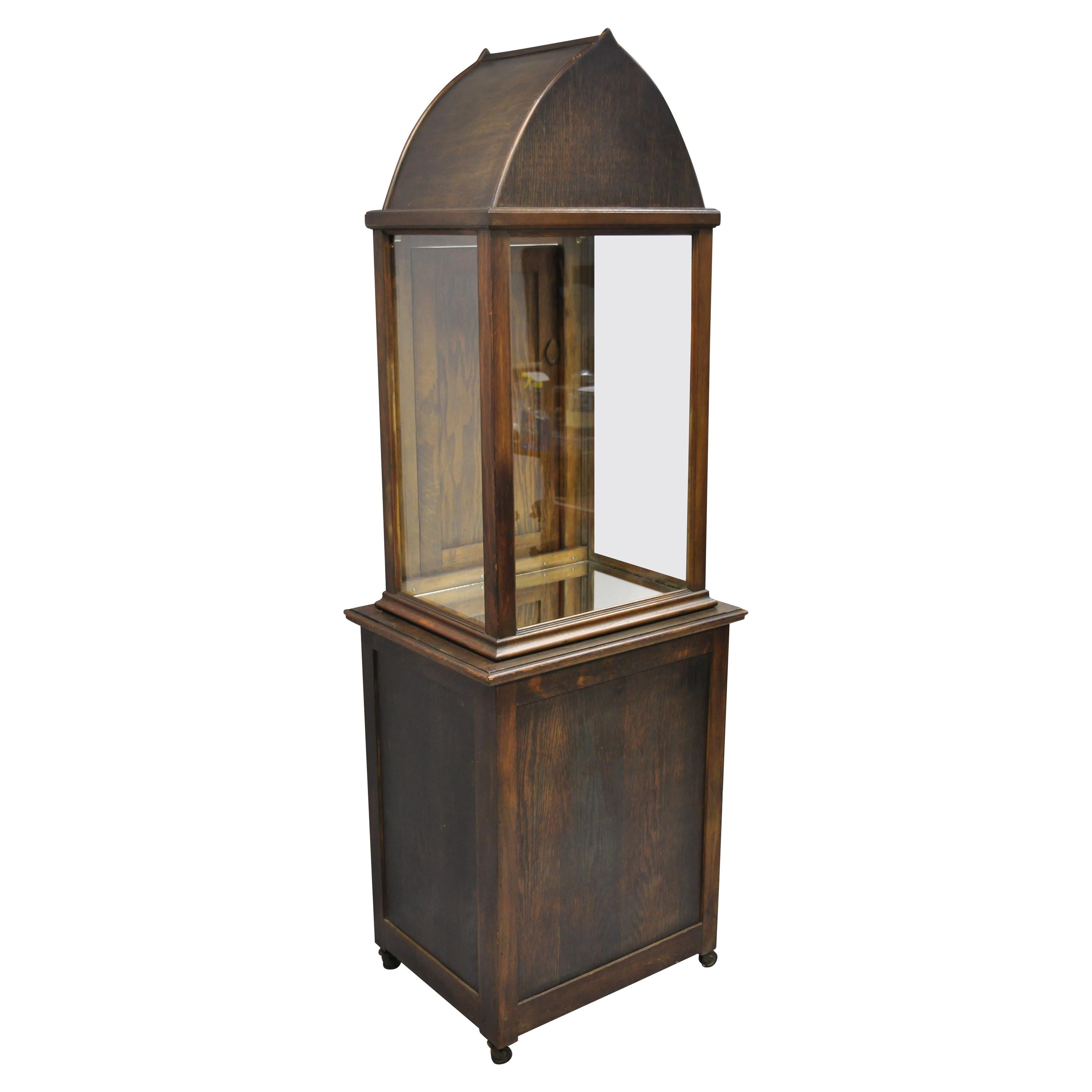 Antique Mission Oak Gothic Glass Arch Top Display Cabinet Curio Cupboard