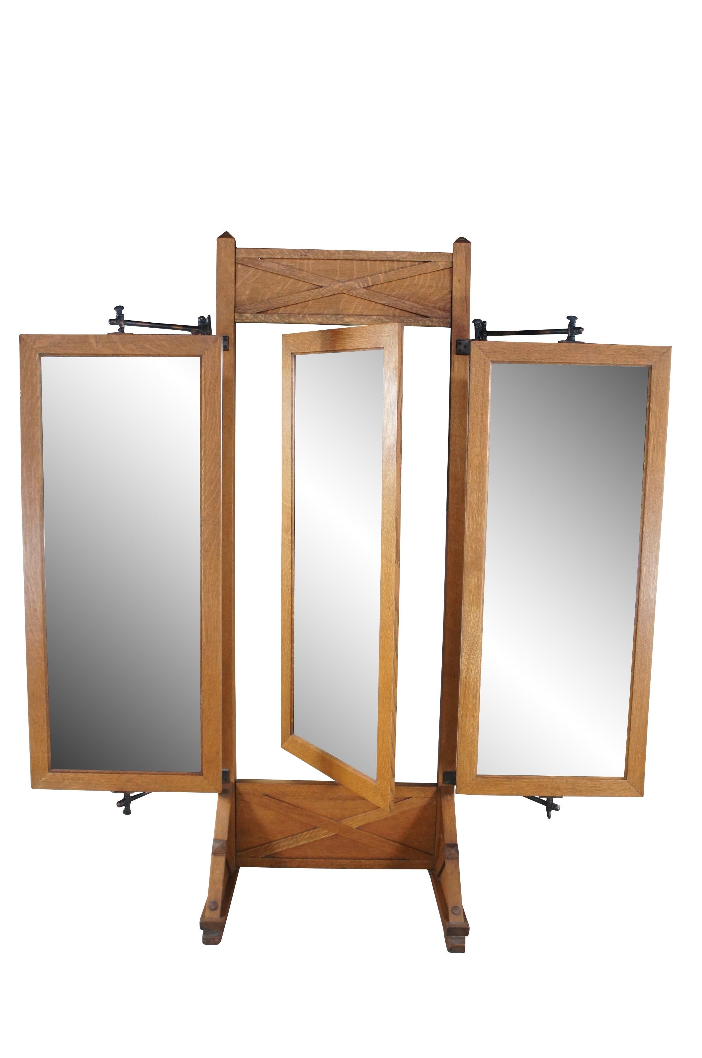 Antique Mission Oak & Iron Trifold Cheval Tailors Haberdashers Dressing Mirror 8 In Good Condition For Sale In Dayton, OH