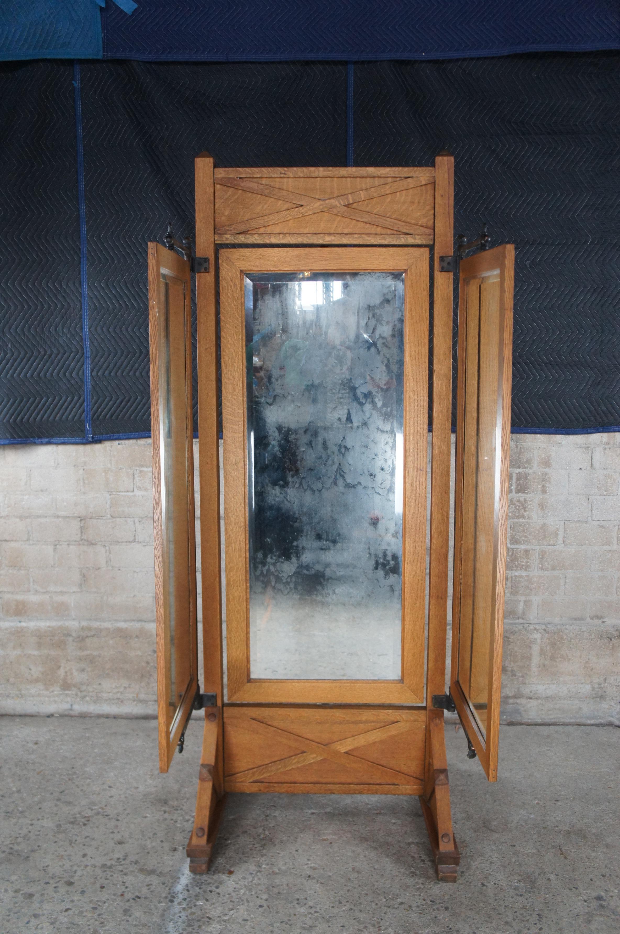 20th Century Antique Mission Oak & Iron Trifold Cheval Tailors Haberdashers Dressing Mirror 8 For Sale