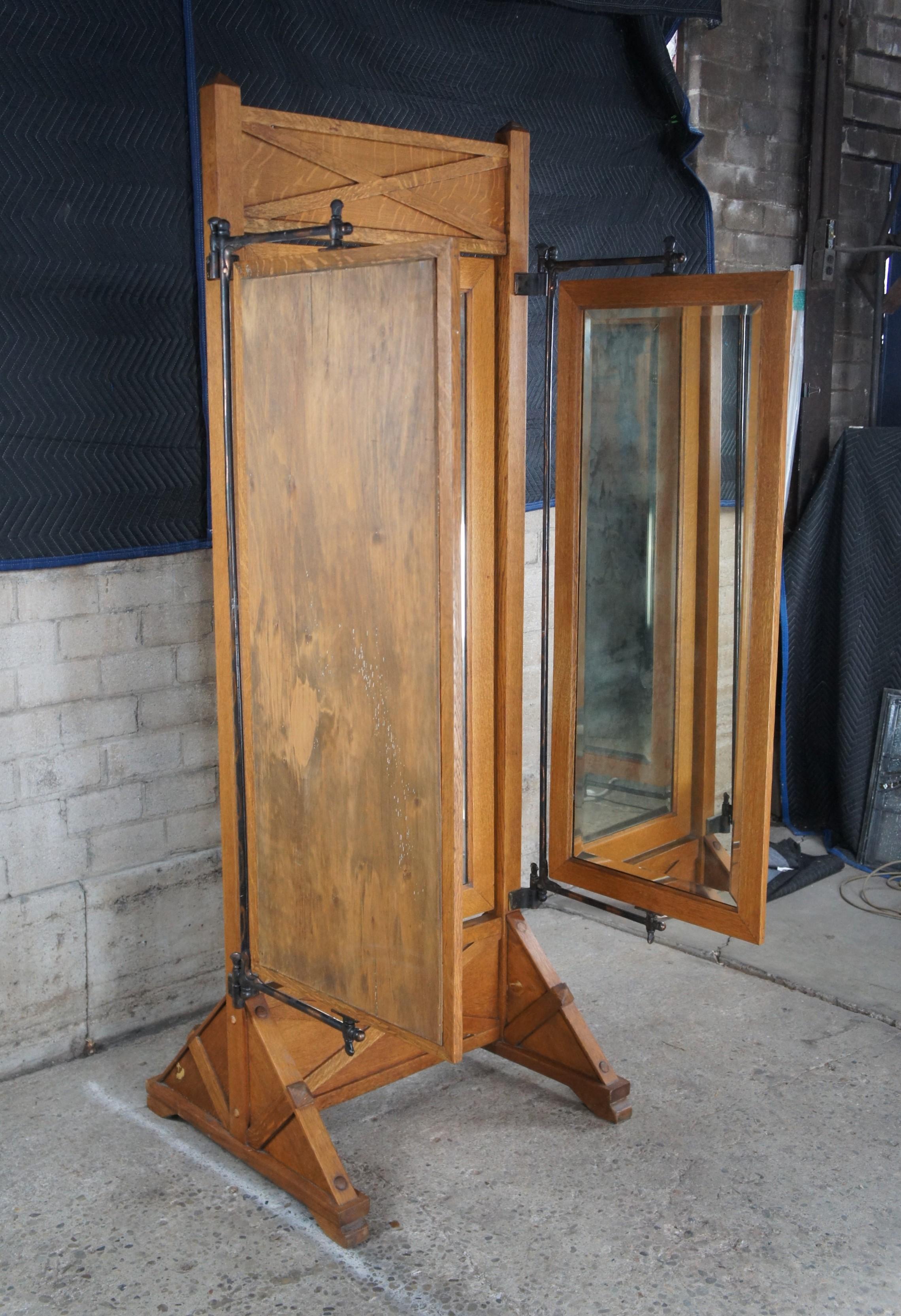 Antique Mission Oak & Iron Trifold Cheval Tailors Haberdashers Dressing Mirror 8 For Sale 1