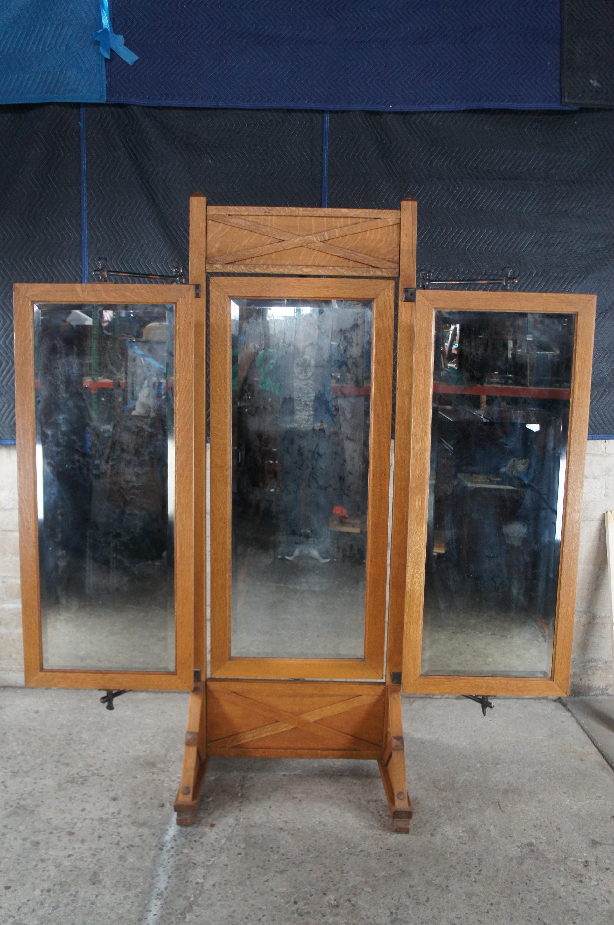 Antique Mission Oak & Iron Trifold Cheval Tailors Haberdashers Dressing Mirror 8 For Sale 3