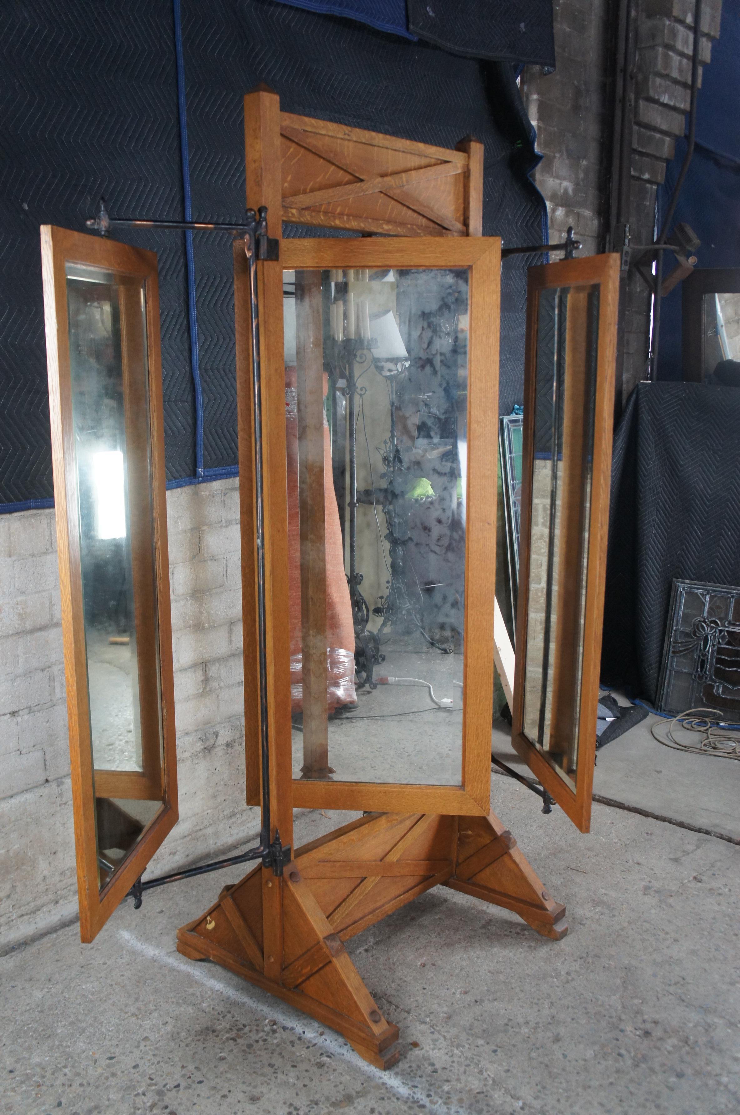 Antique Mission Oak & Iron Trifold Cheval Tailors Haberdashers Dressing Mirror 8 For Sale 4