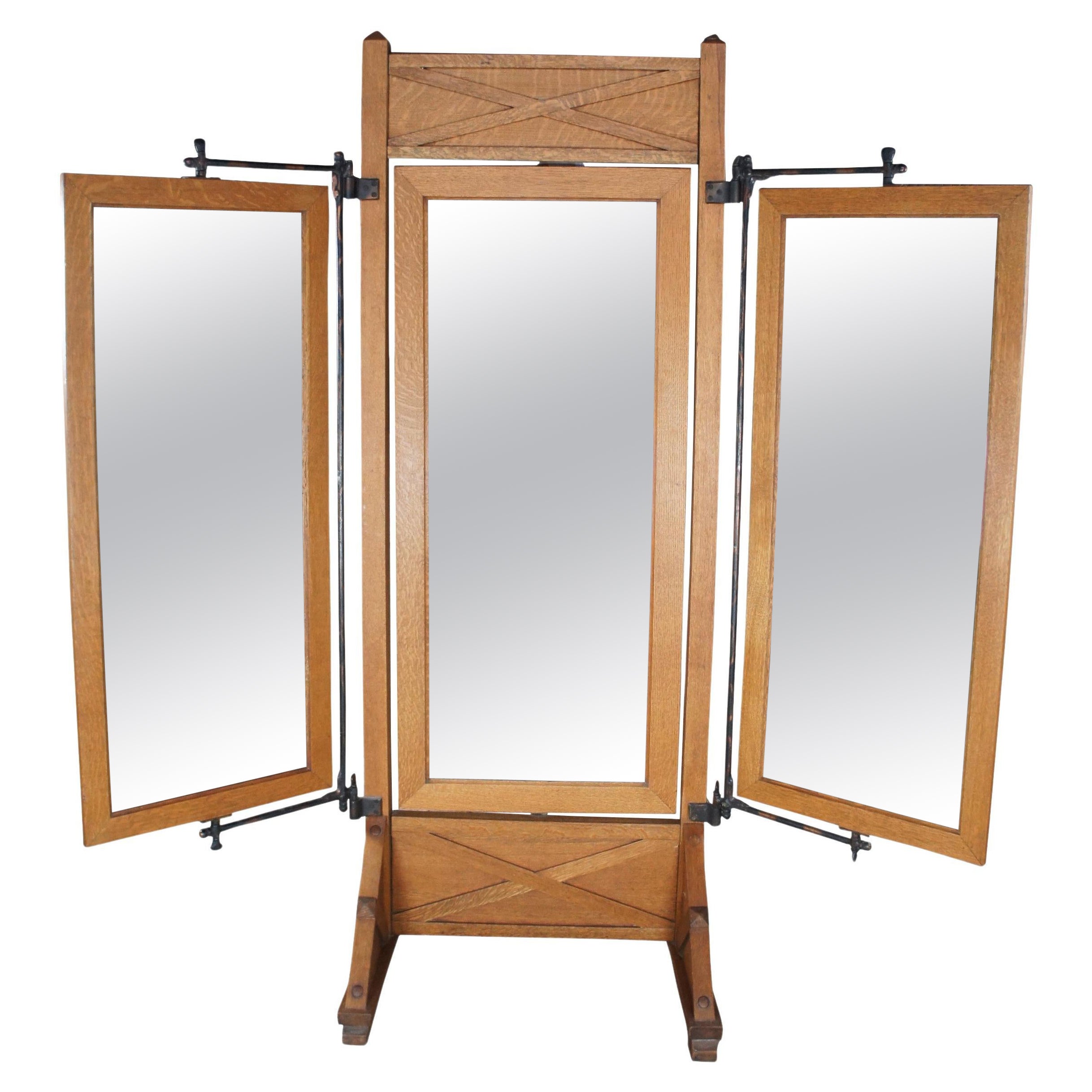 Antique Mission Oak & Iron Trifold Cheval Tailors Haberdashers Dressing Mirror 8