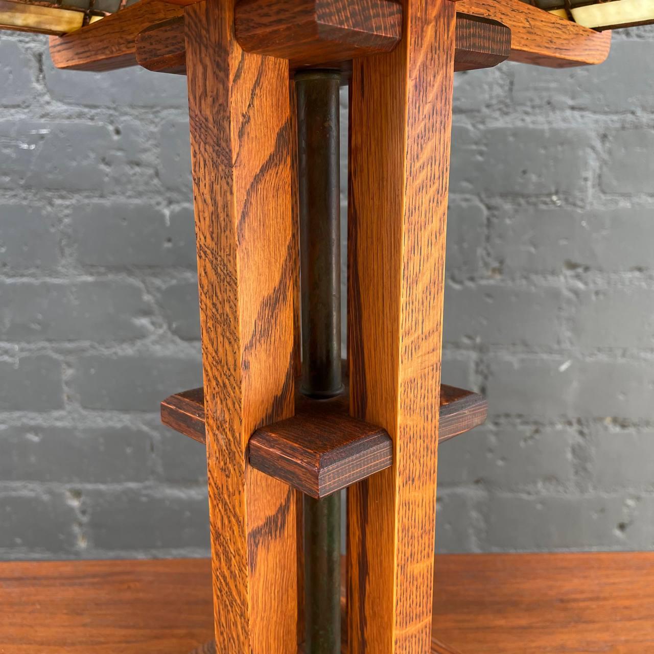 Antique Mission Oak & Slag Glass Table Lamp For Sale 5