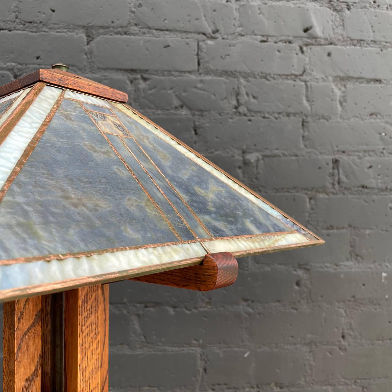 Mid-20th Century Antique Mission Oak & Slag Glass Table Lamp For Sale
