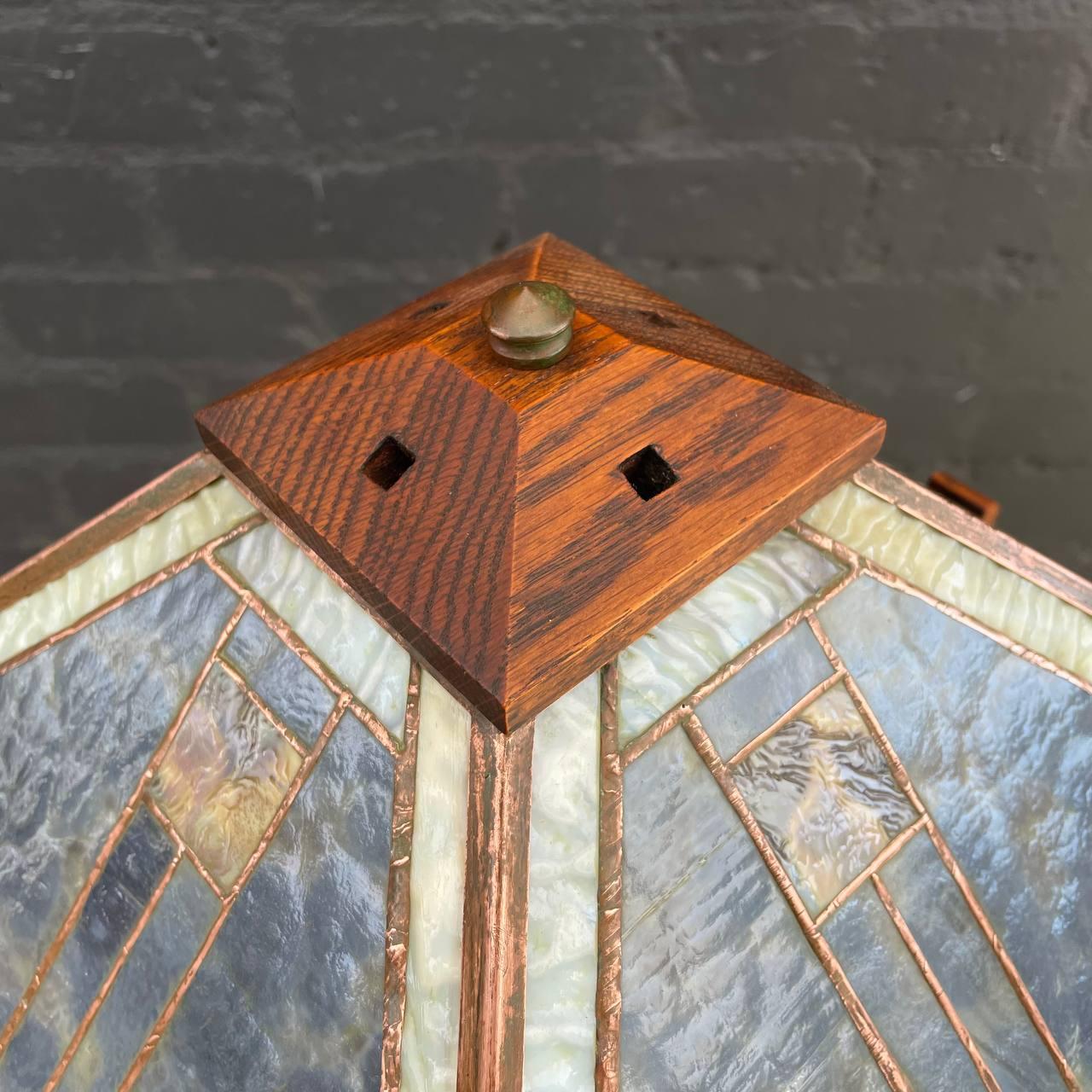 Antique Mission Oak & Slag Glass Table Lamp For Sale 2