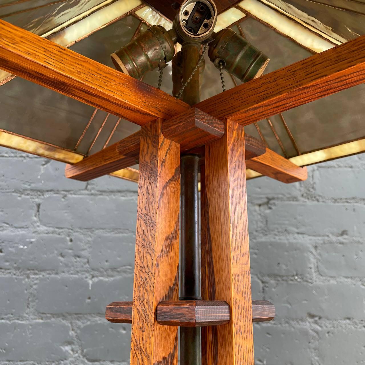 Antique Mission Oak & Slag Glass Table Lamp For Sale 4