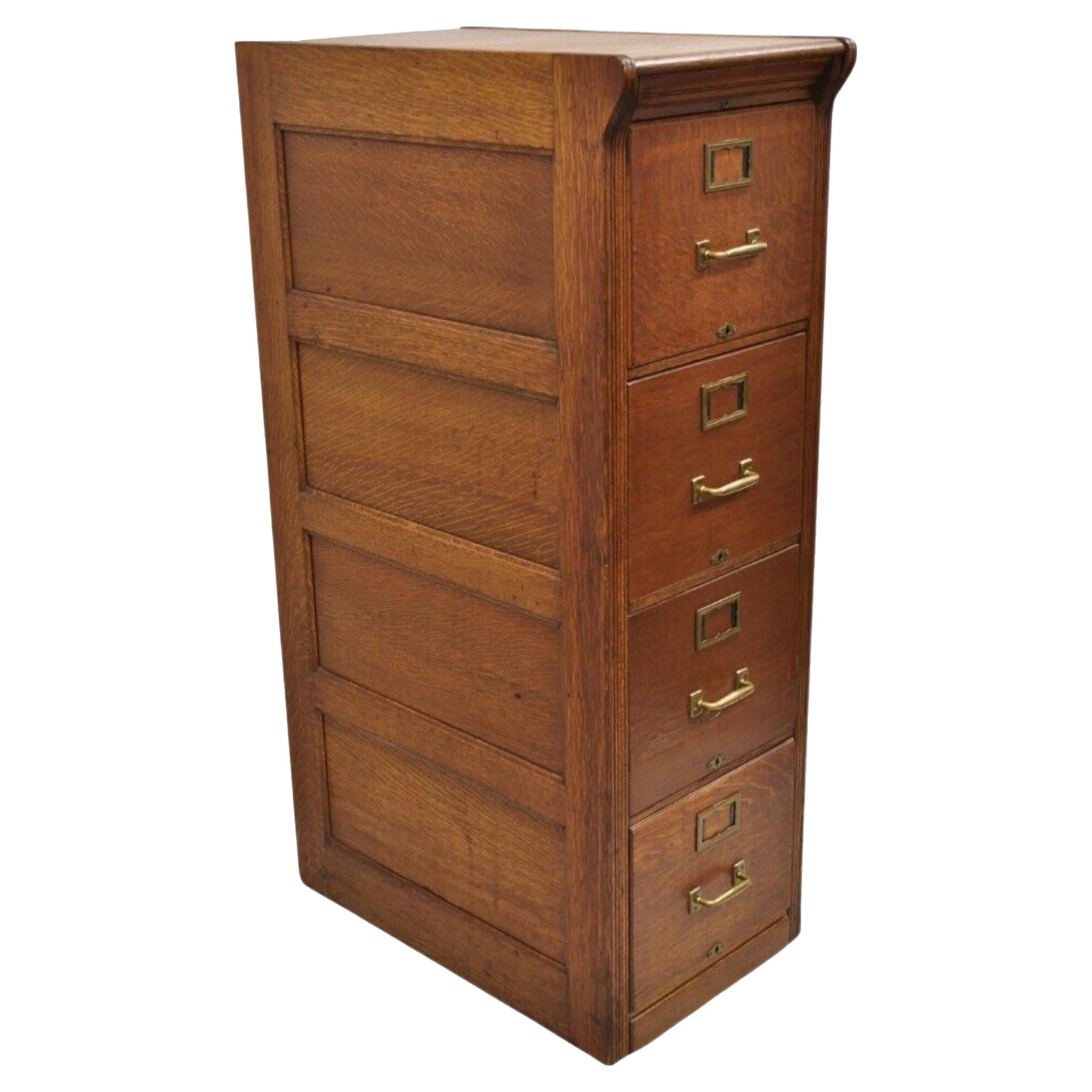 Antique Mission Oak Wood Four Drawer Vertical 29" Deep Office File Cabinet For Sale