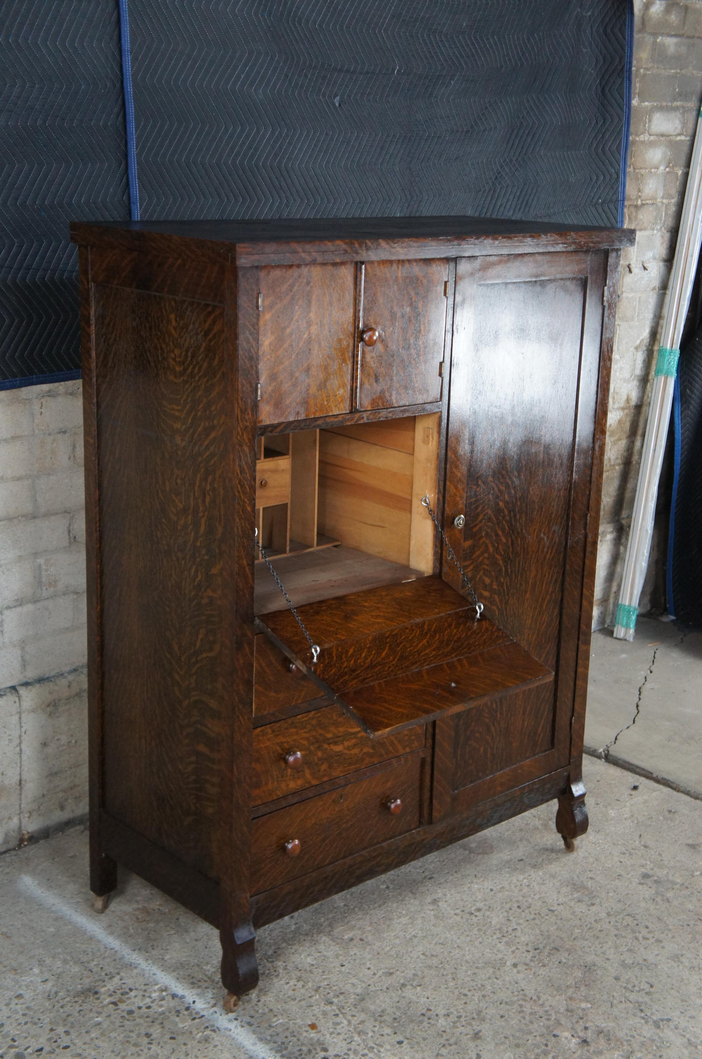 20th Century Antique Mission Quartersawn Oak Chifferobe Armoire Dresser Secretary Desk 63
