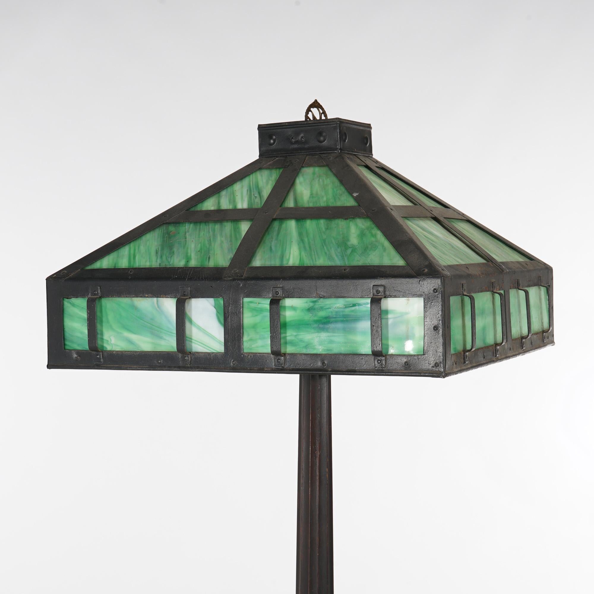 ***Inquire About Reduced In-House Delivery Rates - Reliable Professional Service & Fully Insured***

Antique Mission Prairie Style Arts & Crafts Ebonized Wood, Green Slag Glass & Metal Two Socket Floor Lamp c1910

Measures - 65.75