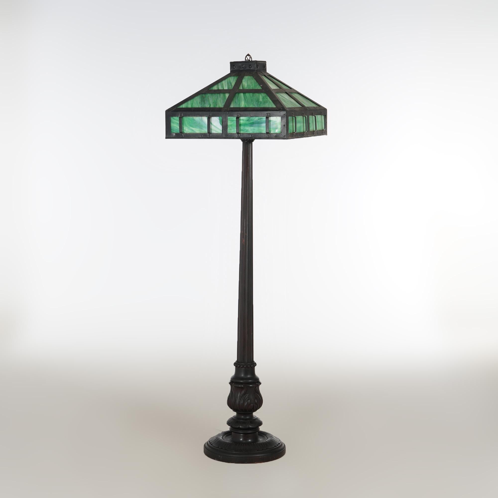 American Antique Mission Style Arts & Crafts Ebonized Wood, Slag & Metal Floor Lamp c1910