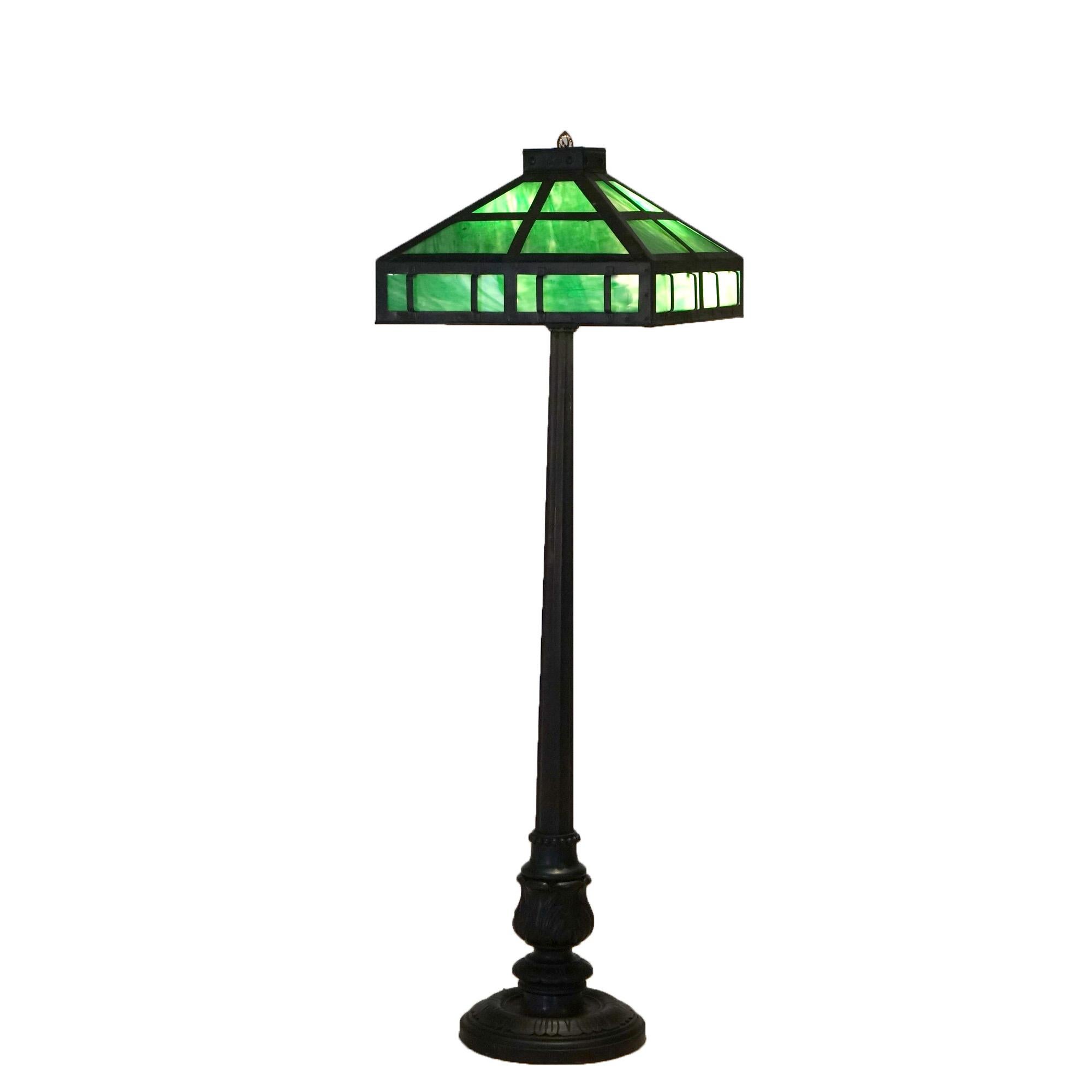 Antique Mission Style Arts & Crafts Ebonized Wood, Slag & Metal Floor Lamp c1910 2