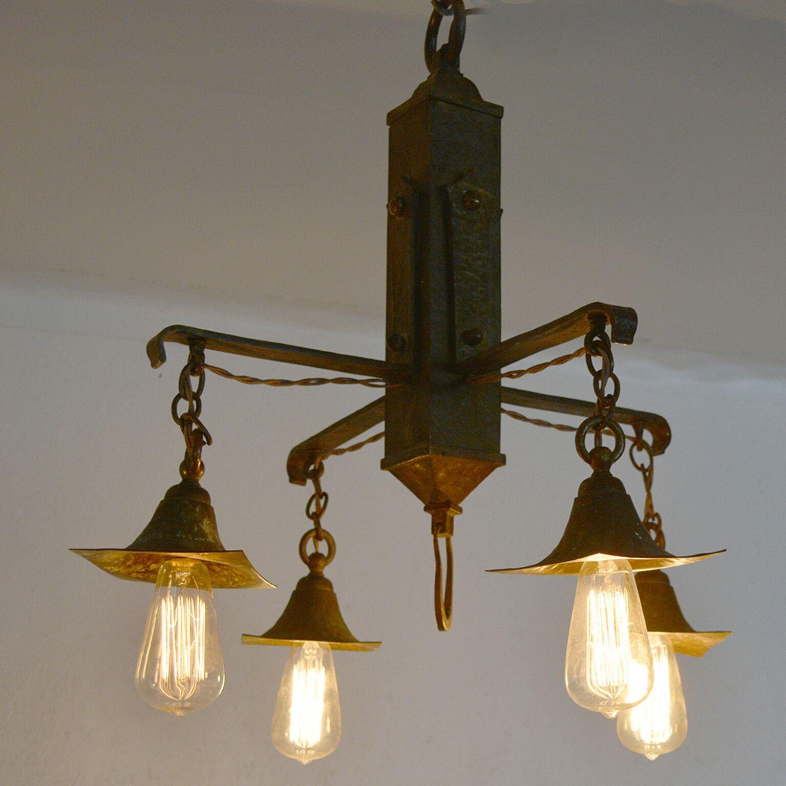 Mid-20th Century 1930s Mission Four Light Chandelier Solid Brass Mexico For Sale