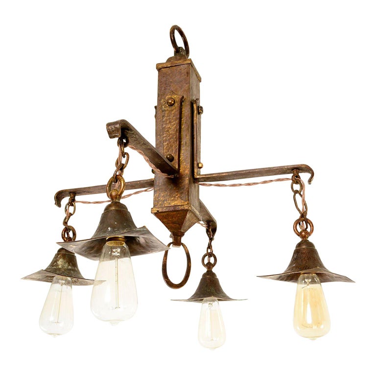 Mexico 1930s Antique Mission Four Light Chandelier in Solid Hammered