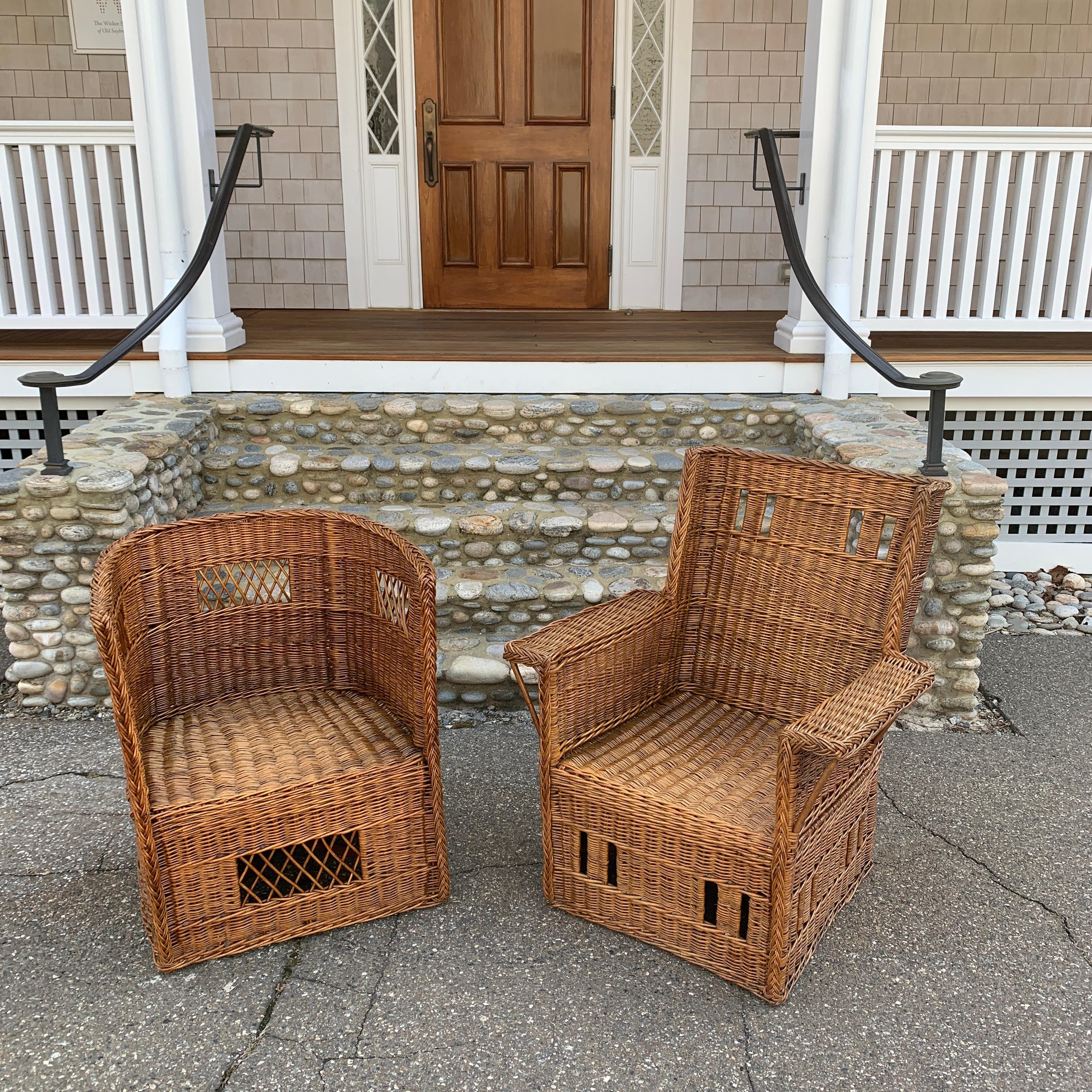 These beautiful antique willow chairs were found in a barn in Vermont. Chairs in this style are quite rare. The materials, weave and color are all very pleasing. The taller chair measures: 40