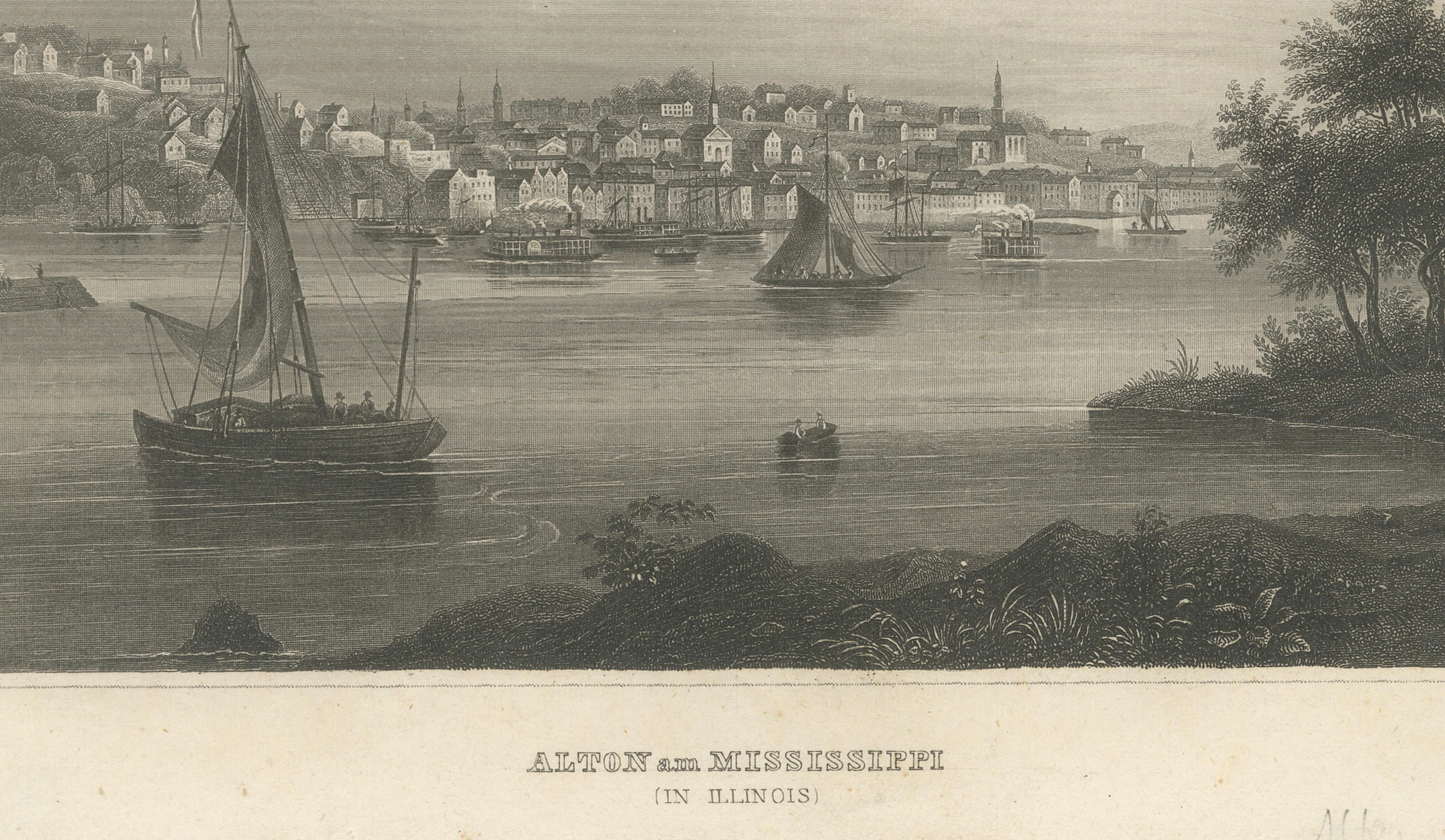 Antique Mississippi River View – Alton Illinois Steel Engraving, Meyers 1854