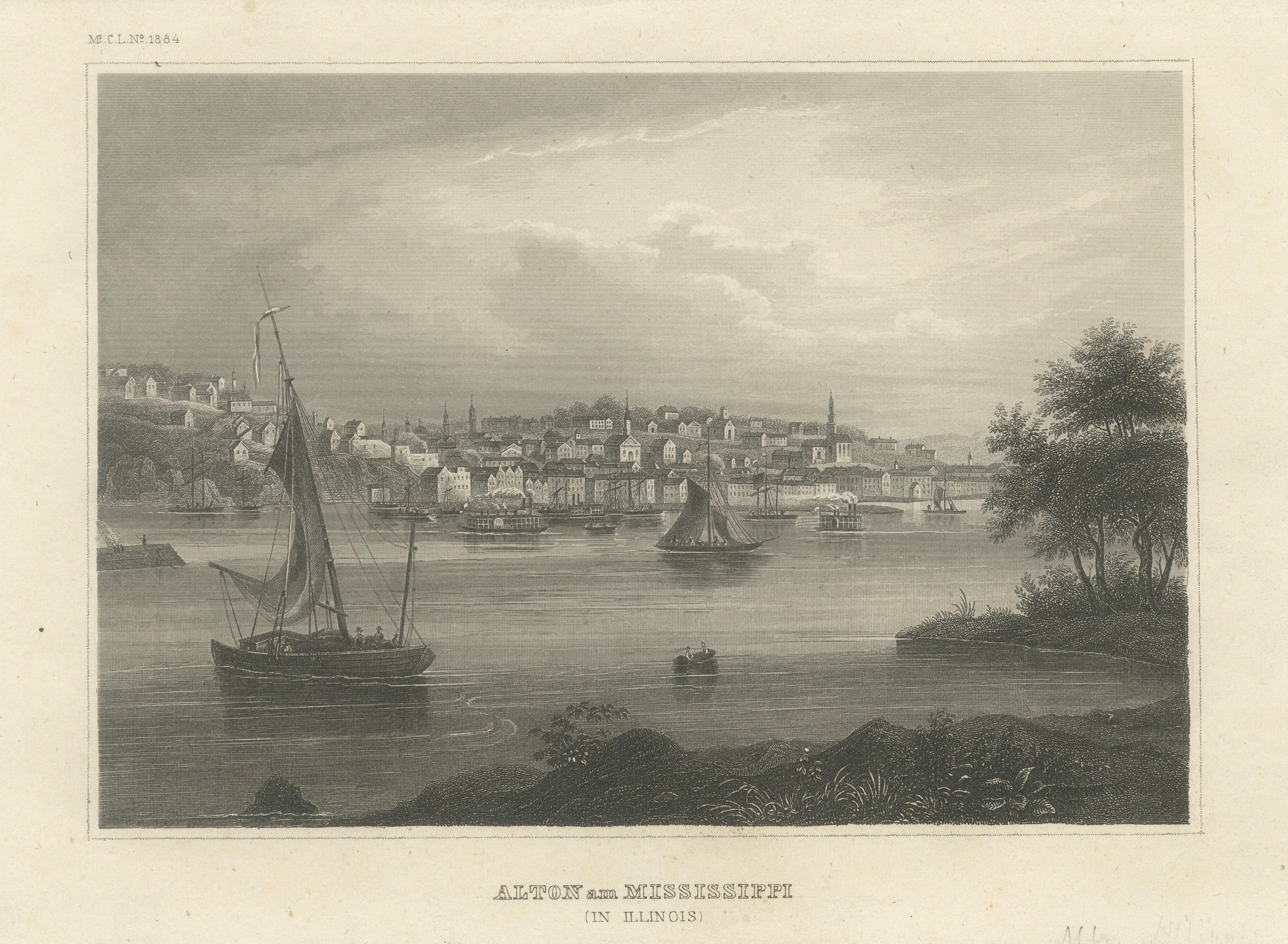 Antique Mississippi River View – Alton Illinois Steel Engraving, Meyers 1854