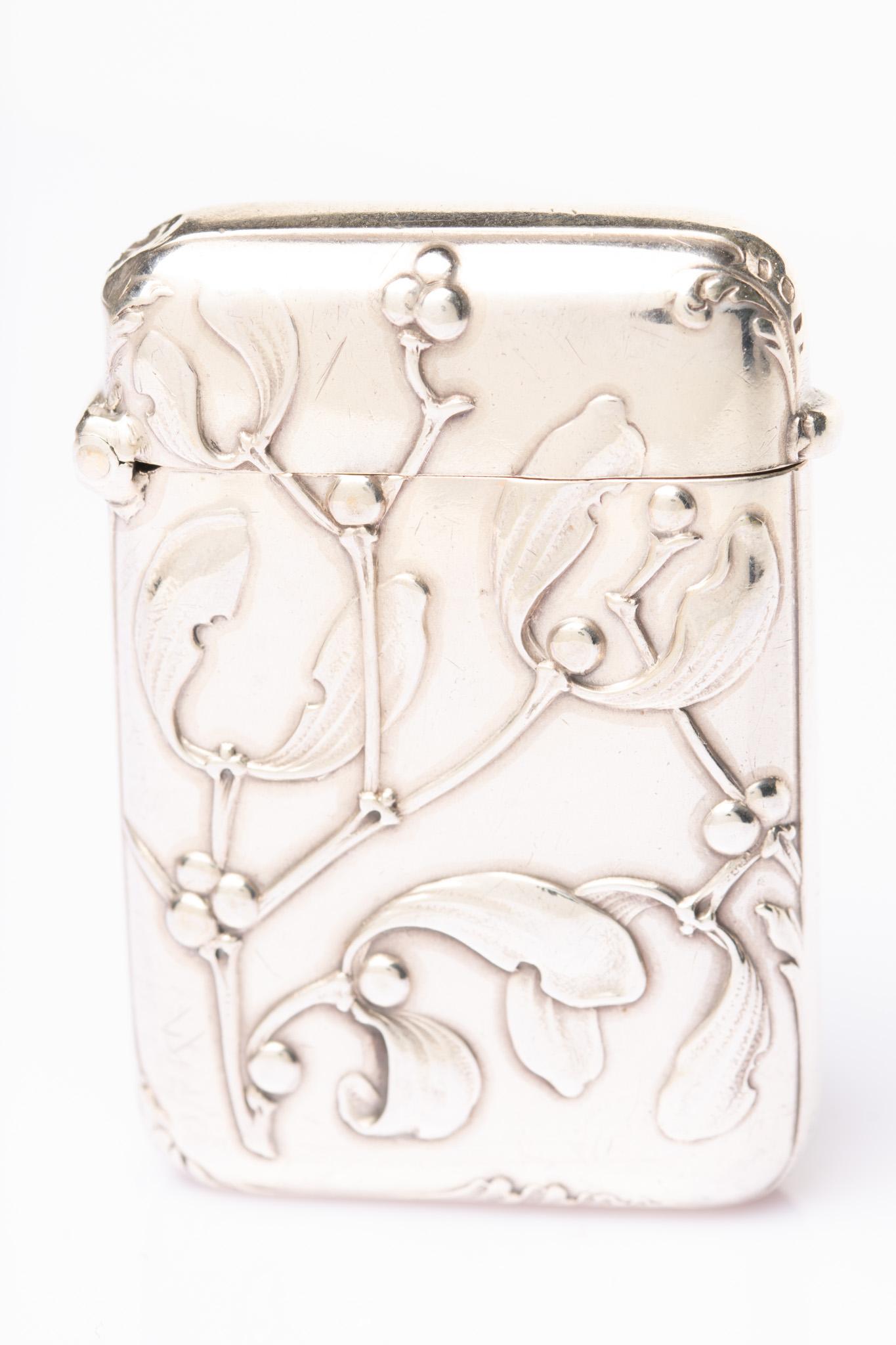 Women's or Men's Antique Mistletoe Art Nouveau French Silver Vesta Case By Charles Murat
