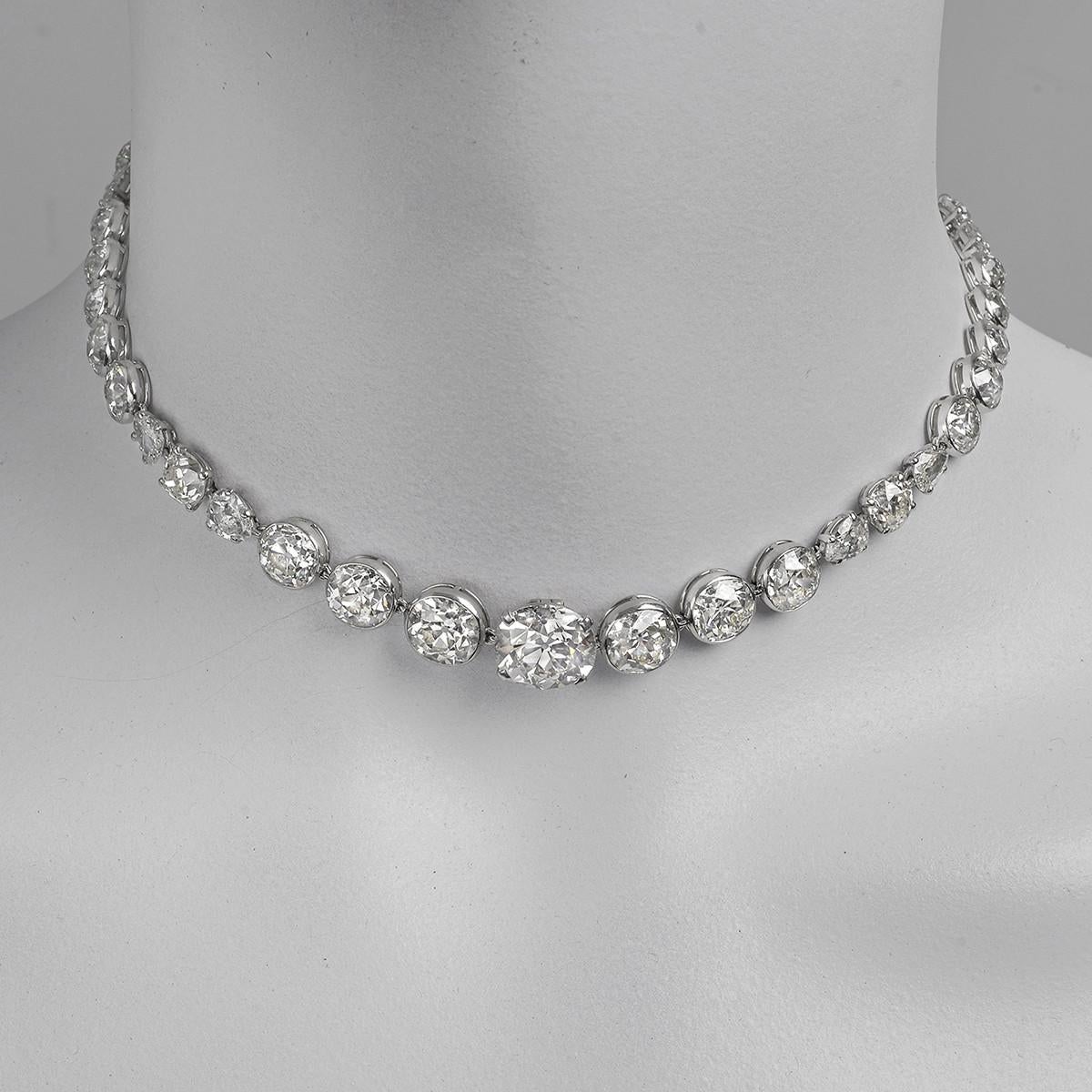 Mixed-cut diamond rivière necklace, composed as a graduated chain of prong-set cushion, oval and pear-shaped diamonds with bezel-set circular-cut diamonds, set in platinum.

44 diamonds weighing ~40.00 total carats
Central diamond weighing ~8.10