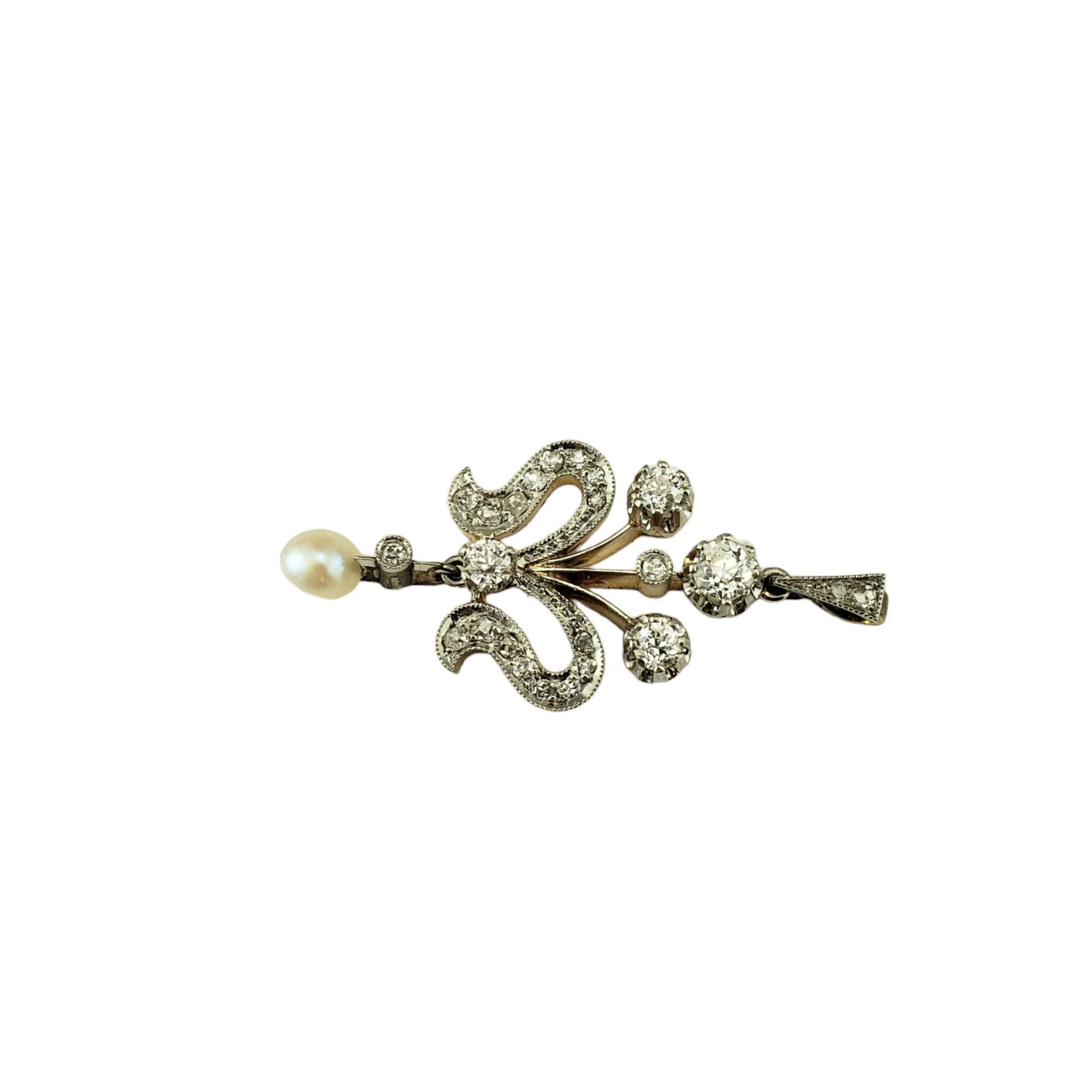 Antique Mixed Metal Diamond and Pearl Pendant-

This elegant antique pendant features 23 European cut diamonds and one white pearl.  Composed of a mix of gold, platinum and sterling silver.  

Front of the pendant is white, back of pendant is yellow