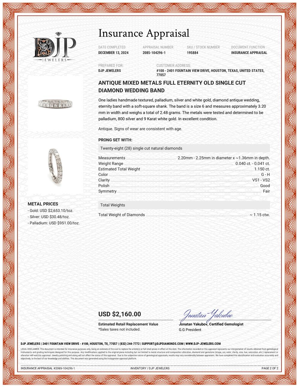 Antique Mixed Metals Full Eternity Old Single Cut Diamond Wedding Band For Sale 2