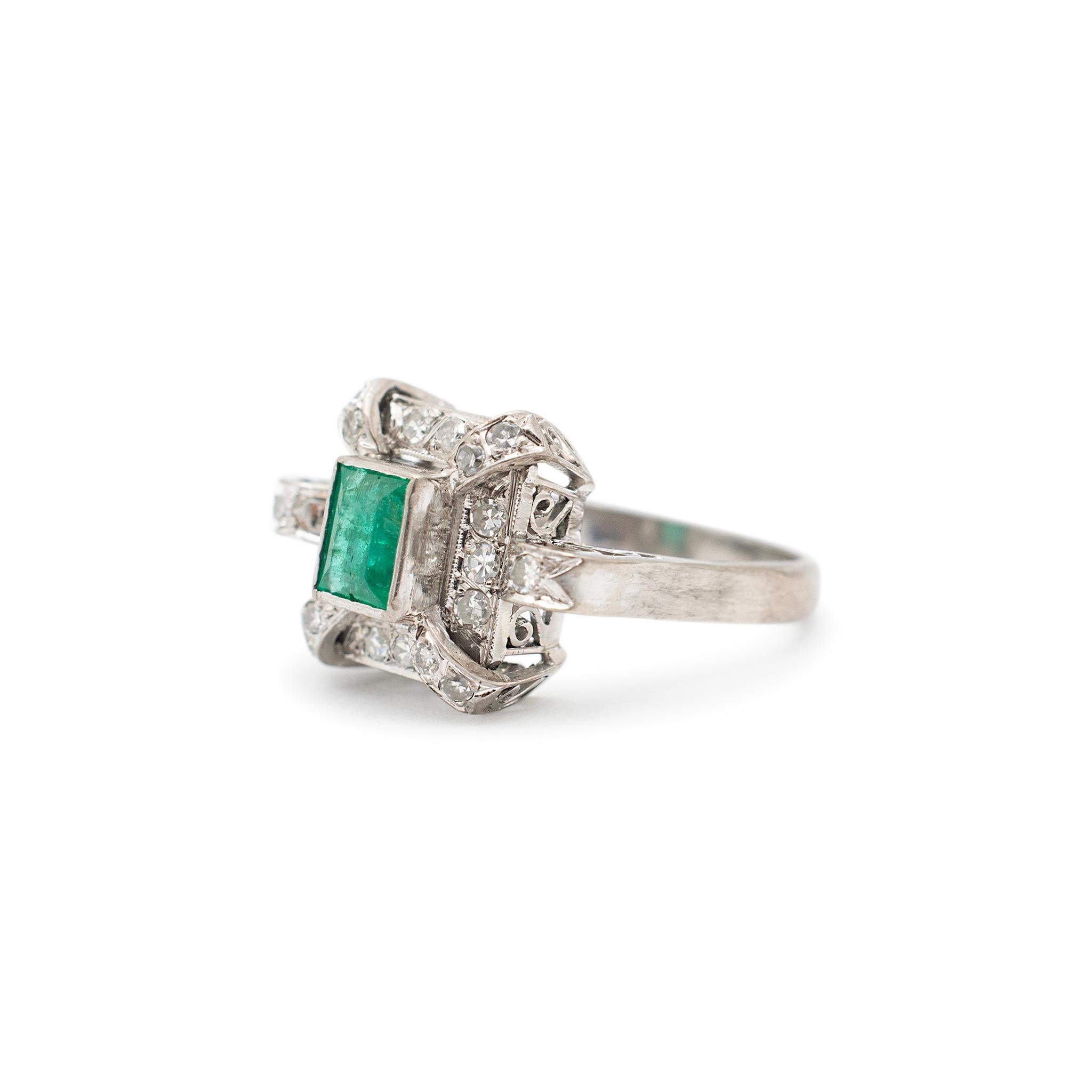 Single Cut Antique Mixed Metals Gold Silver Palladium Emerald Halo Diamond Cocktail Ring For Sale