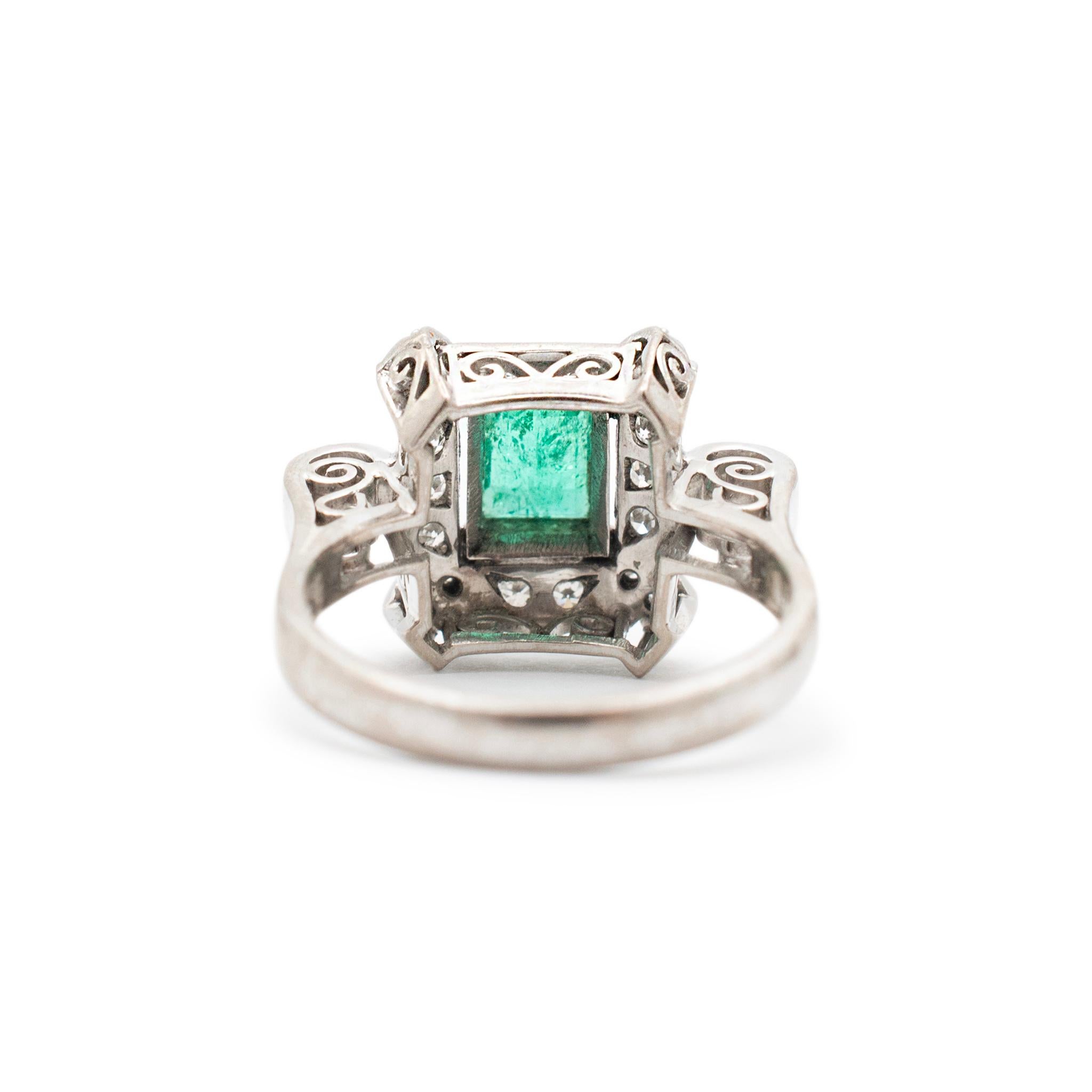 Women's Antique Mixed Metals Gold Silver Palladium Emerald Halo Diamond Cocktail Ring For Sale