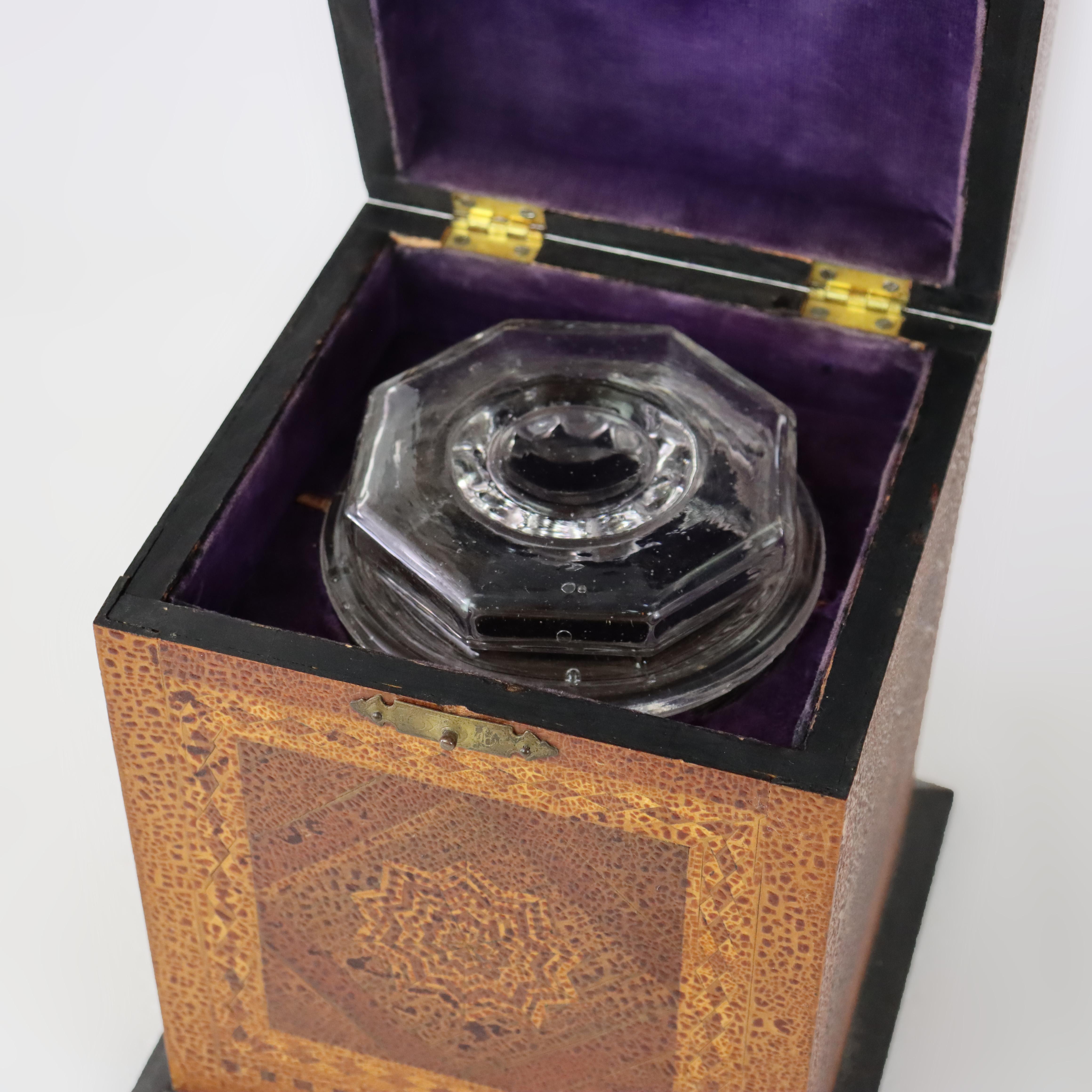 Antique Mixed Wood & Marquetry Cigar Box with Glass Insert C1910 For Sale 8