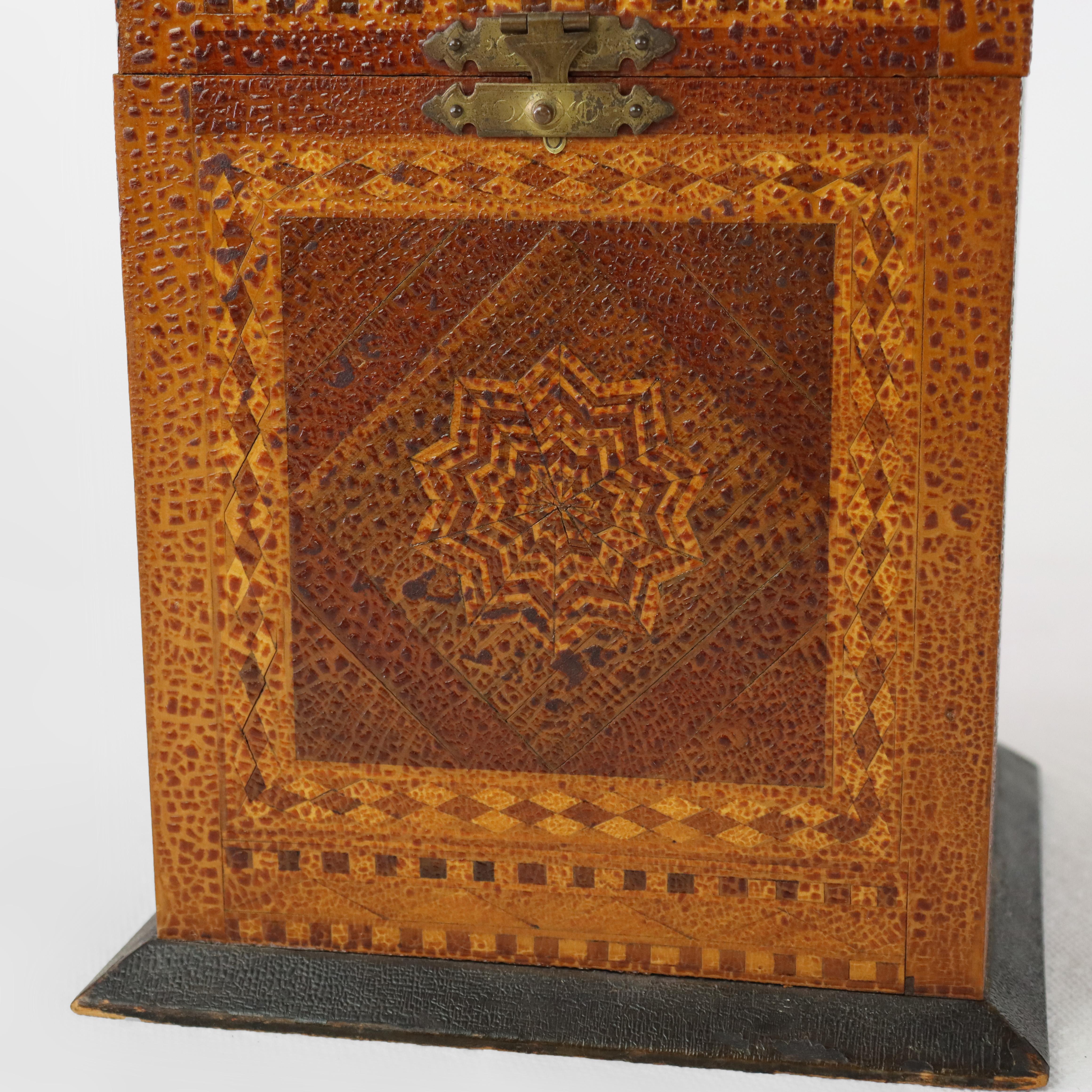 20th Century Antique Mixed Wood & Marquetry Cigar Box with Glass Insert C1910 For Sale