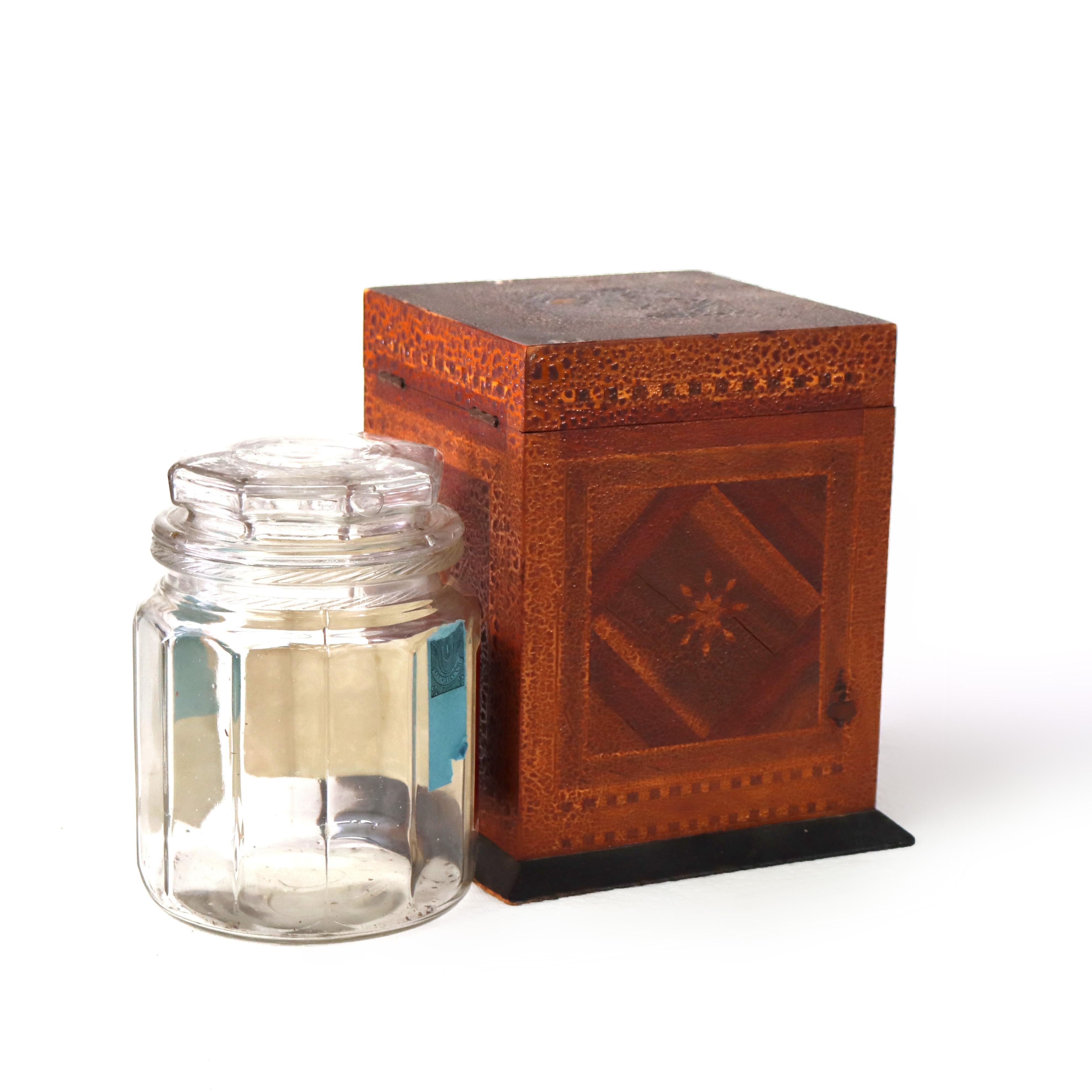 Antique Mixed Wood & Marquetry Cigar Box with Glass Insert C1910 For Sale 3