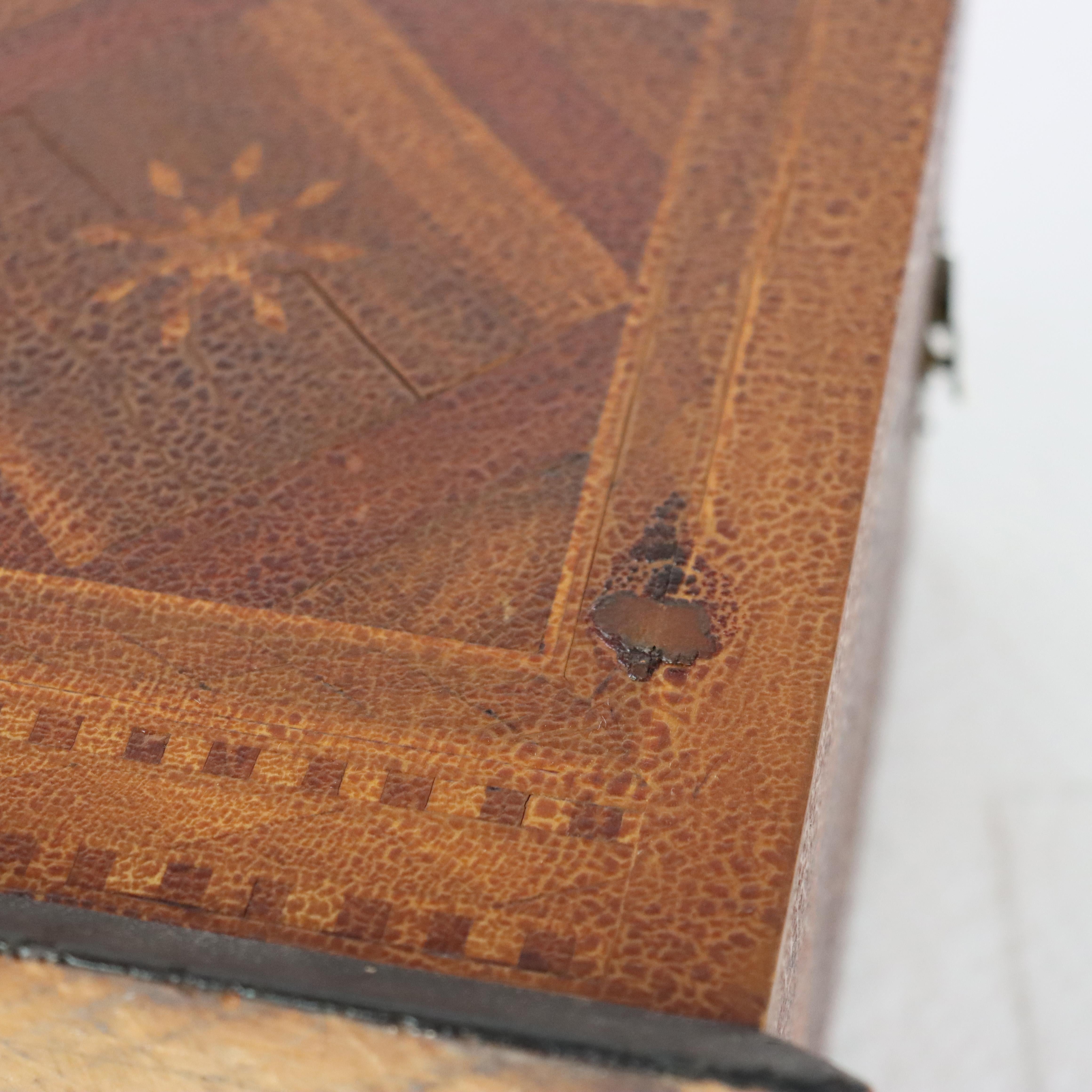 Antique Mixed Wood & Marquetry Cigar Box with Glass Insert C1910 For Sale 5