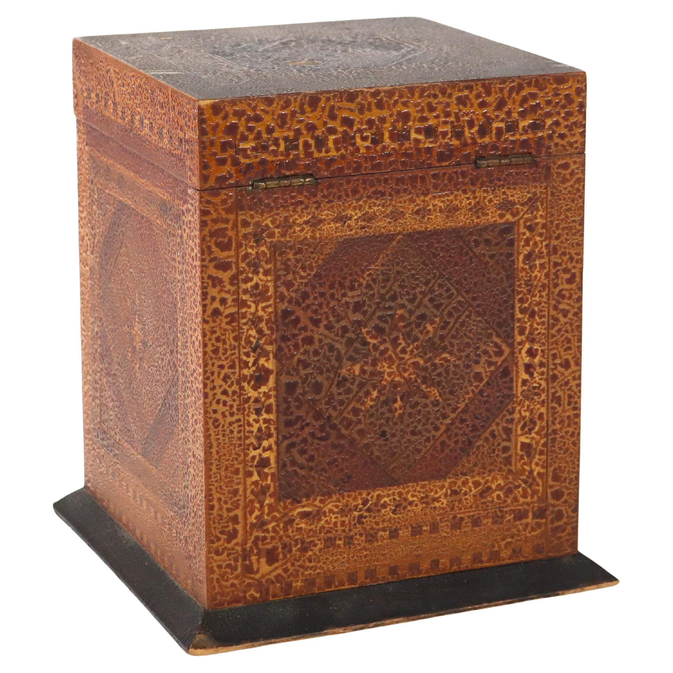 Antique Mixed Wood & Marquetry Cigar Box with Glass Insert C1910 For Sale