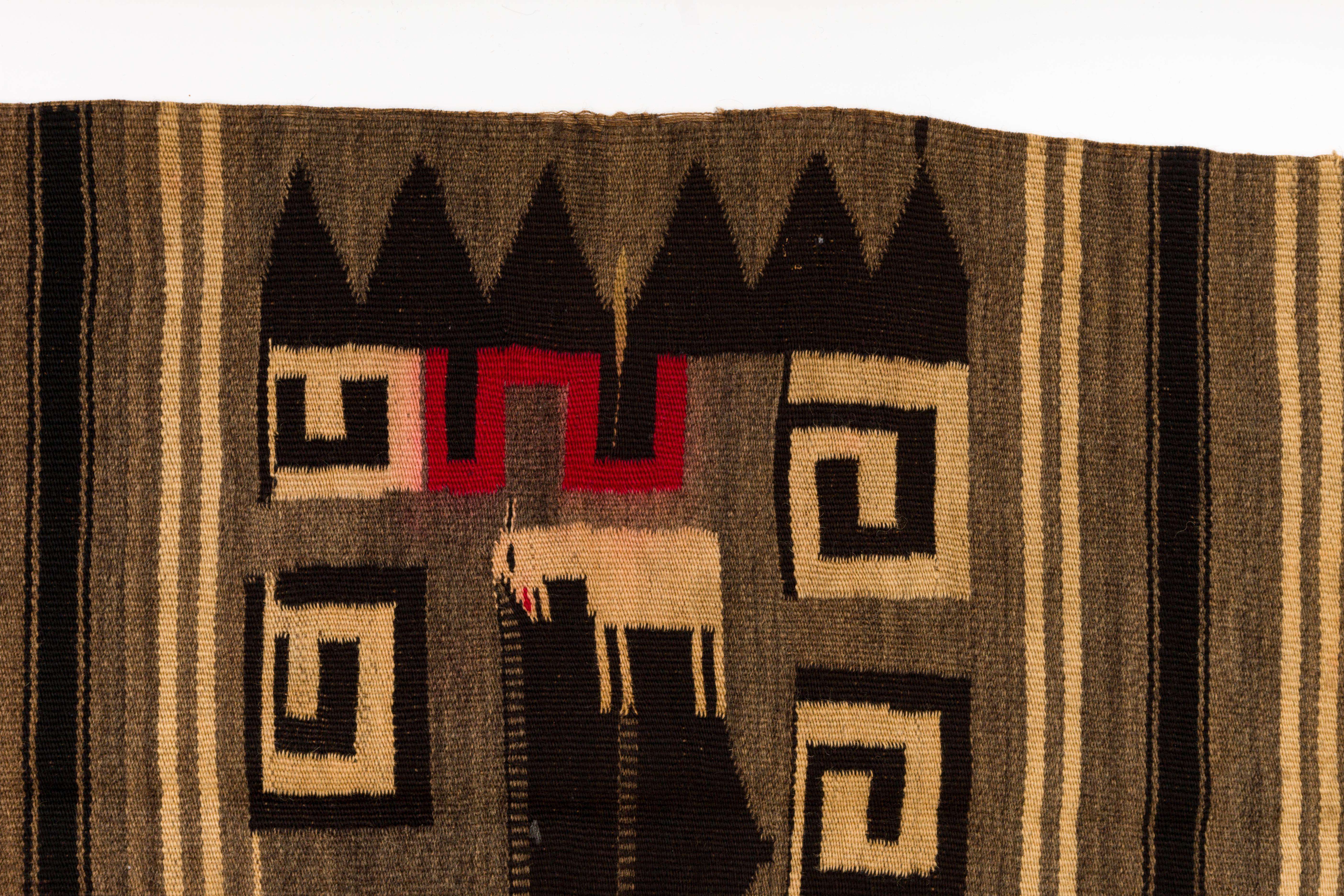 Antique Mixtec wool serape blanket with burro motif, and cochineal dye design. 
handwoven by Mixtec native woman in the highlands of Oaxaca, Mexico, circa early 20th century. Some fringe loss, and holes, pictured.