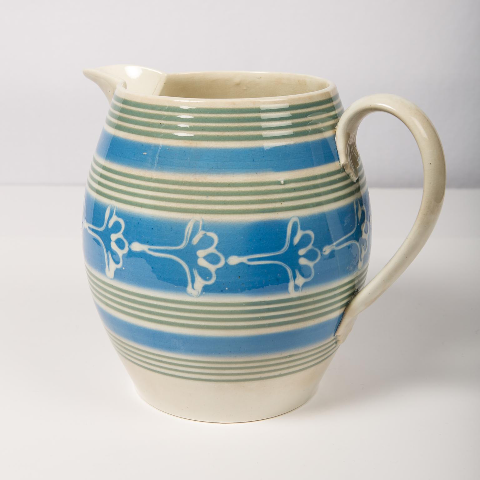 Antique Mochaware Pitcher Decorated Bands of Powder Blue & Green Slip circa 1830 2