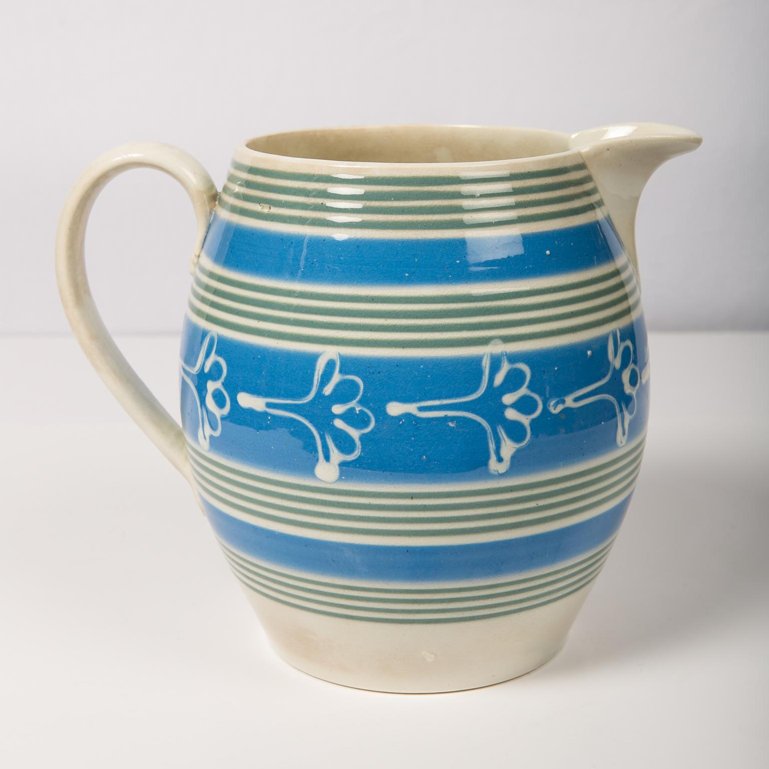 Antique Mochaware Pitcher Decorated Bands of Powder Blue & Green Slip circa 1830 In Excellent Condition In Katonah, NY