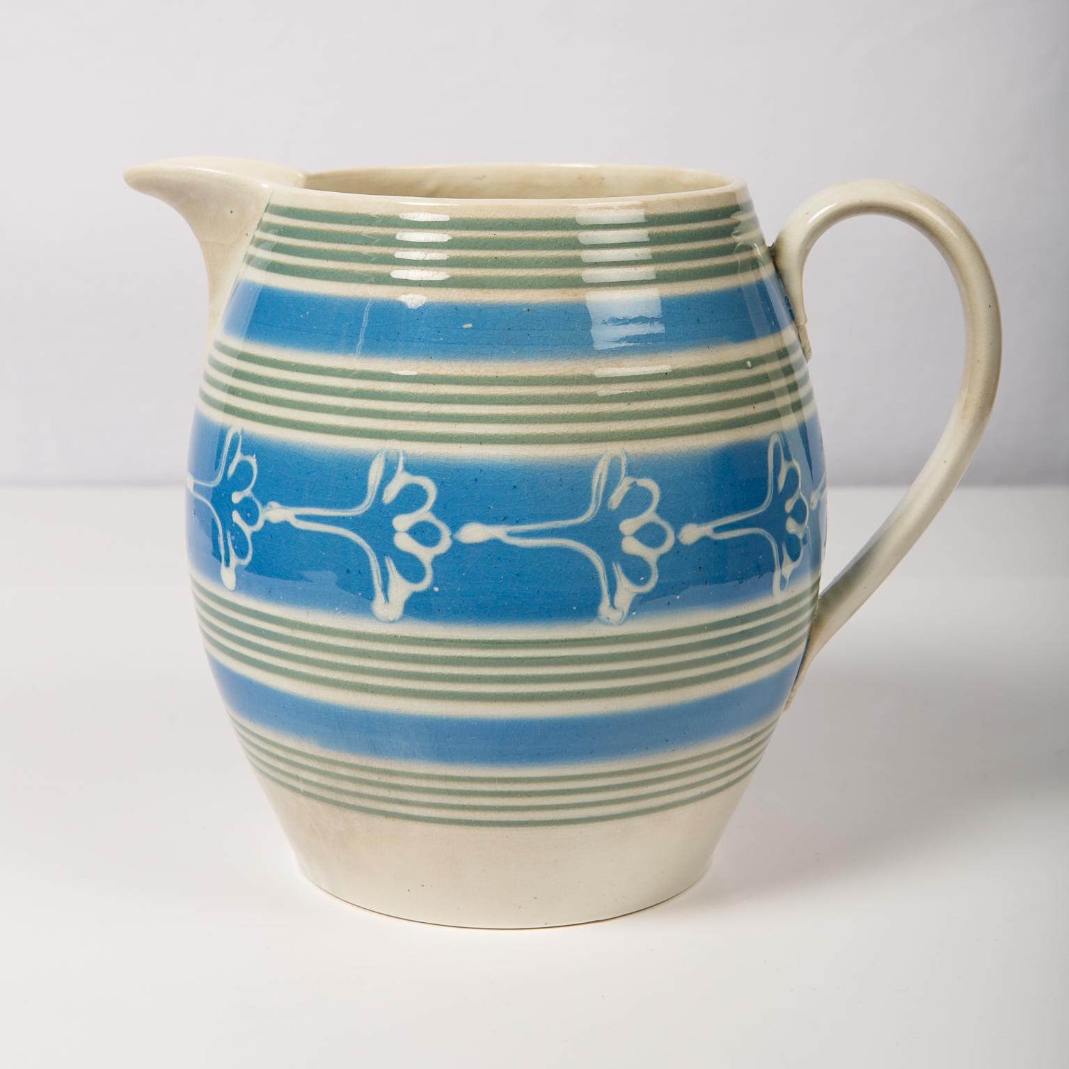 Pearlware Antique Mochaware Pitcher Decorated Bands of Powder Blue & Green Slip circa 1830